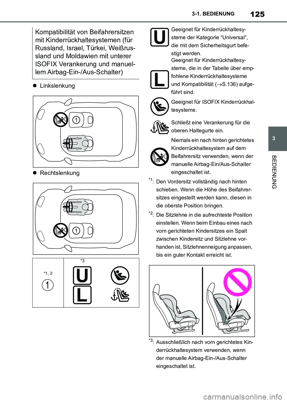 TOYOTA SUPRA 2021  Betriebsanleitungen (in German) 125
3 3-1. BEDIENUNG
BEDIENUNG
Supra Owners Manual_M (from Nov. 20 Prod.)Linkslenkung
Rechtslenkung
*1: Den Vordersitz vollständig nach hinten 
schieben. Wenn die Höhe des Beifahrer-
sitzes 