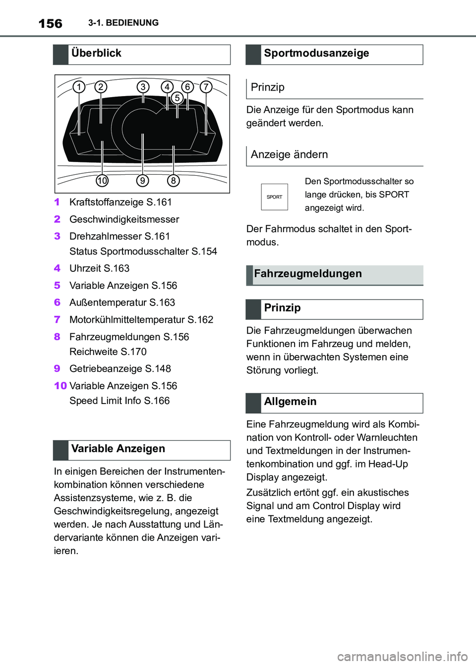 TOYOTA SUPRA 2021  Betriebsanleitungen (in German) 1563-1. BEDIENUNG
Supra Owners Manual_M (from Nov. 20 Prod.)1Kraftstoffanzeige S.161
2Geschwindigkeitsmesser
3Drehzahlmesser S.161
Status Sportmodusschalter S.154
4Uhrzeit S.163
5Variable Anzeigen  