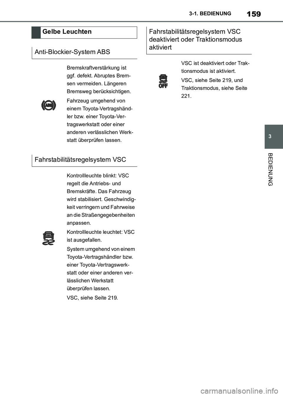 TOYOTA SUPRA 2021  Betriebsanleitungen (in German) 159
3 3-1. BEDIENUNG
BEDIENUNG
Supra Owners Manual_M (from Nov. 20 Prod.)
Gelbe Leuchten
Anti-Blockier-System ABS
Bremskraftverstärkung ist 
ggf. defekt. Abruptes Brem-
sen vermeiden. Längeren 
Br