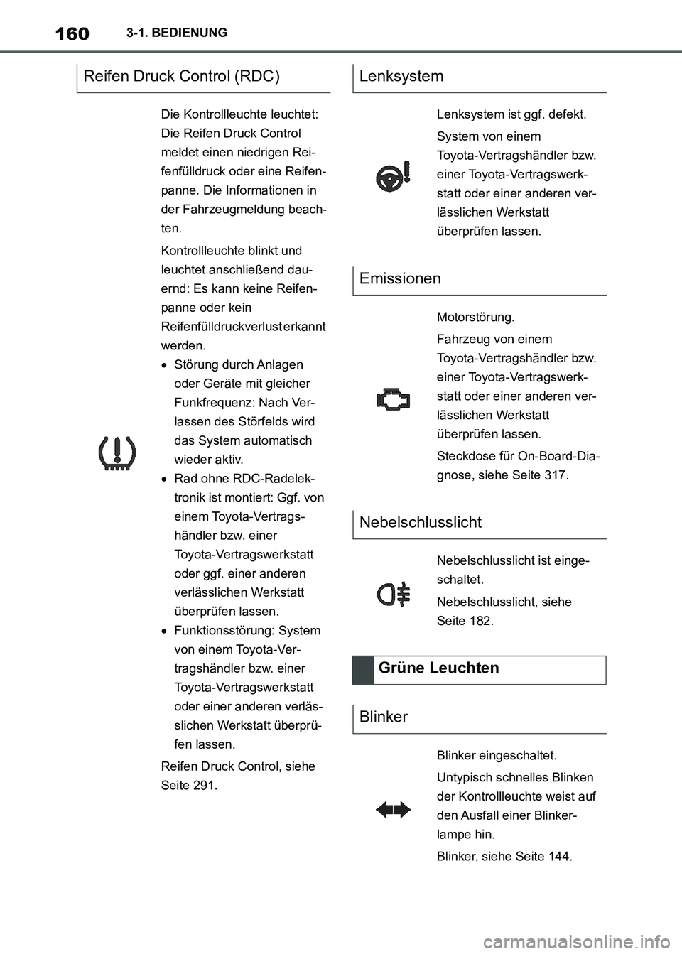 TOYOTA SUPRA 2021  Betriebsanleitungen (in German) 1603-1. BEDIENUNG
Supra Owners Manual_M (from Nov. 20 Prod.)
Reifen Druck Control (RDC)
Die Kontrollleuchte leuchtet: 
Die Reifen Druck Control 
meldet einen niedrigen Rei-
fenfülldruck oder eine R