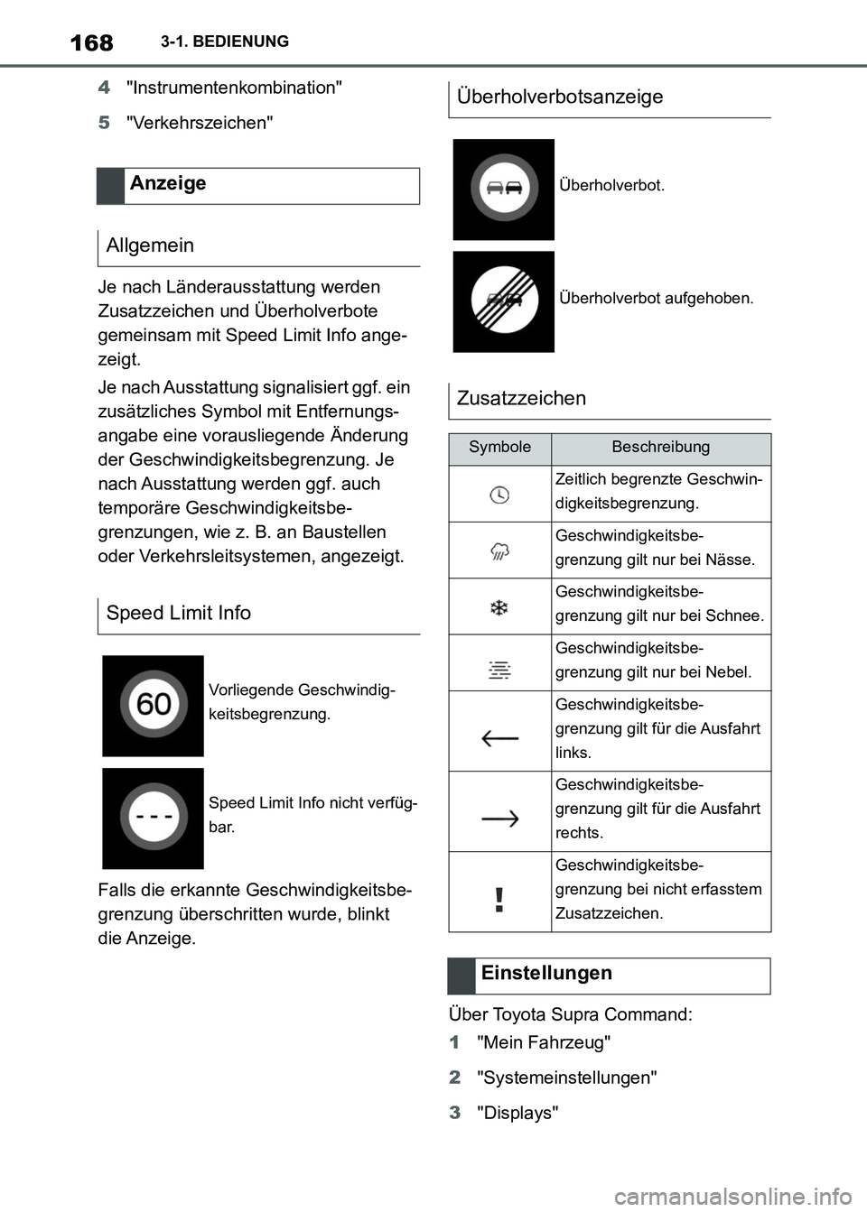 TOYOTA SUPRA 2021  Betriebsanleitungen (in German) 1683-1. BEDIENUNG
Supra Owners Manual_M (from Nov. 20 Prod.)4"Instrumentenkombination"
5"Verkehrszeichen"
Je nach Länderausstattung werden 
Zusatzzeichen und Überholverbote 
gemeinsam mit Speed Li