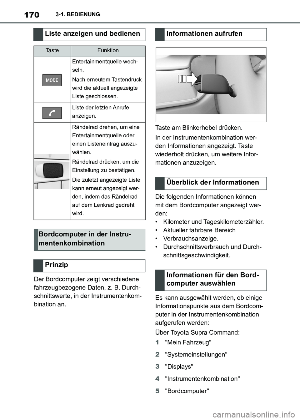 TOYOTA SUPRA 2021  Betriebsanleitungen (in German) 1703-1. BEDIENUNG
Supra Owners Manual_M (from Nov. 20 Prod.)Der Bordcomputer zeigt verschiedene 
fahrzeugbezogene Daten, z. B. Durch-
schnittswerte, in der Instrumentenkom-
bination an.Taste am Blin