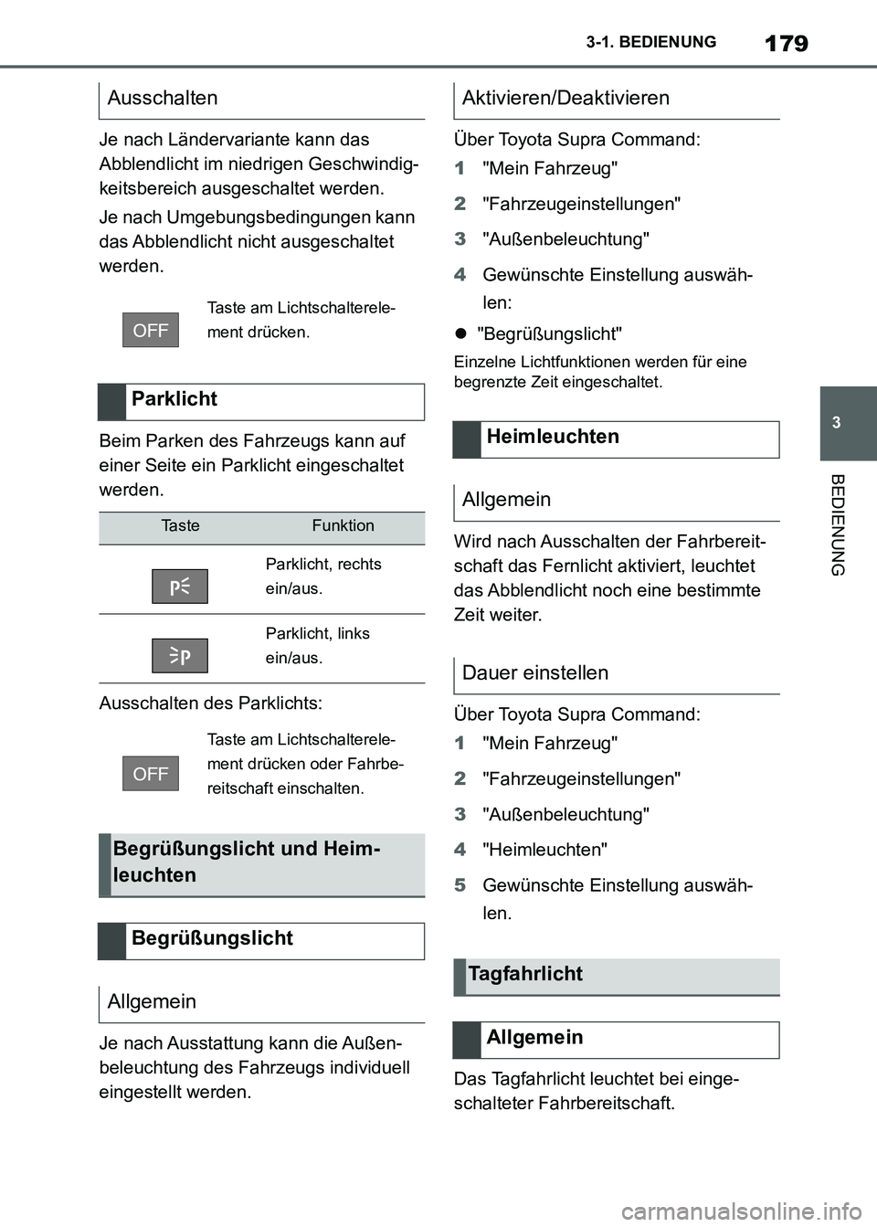TOYOTA SUPRA 2021  Betriebsanleitungen (in German) 179
3 3-1. BEDIENUNG
BEDIENUNG
Supra Owners Manual_M (from Nov. 20 Prod.)Je nach Ländervariante kann das 
Abblendlicht im niedrigen Geschwindig-
keitsbereich ausgeschaltet werden.
Je nach Umgebungs