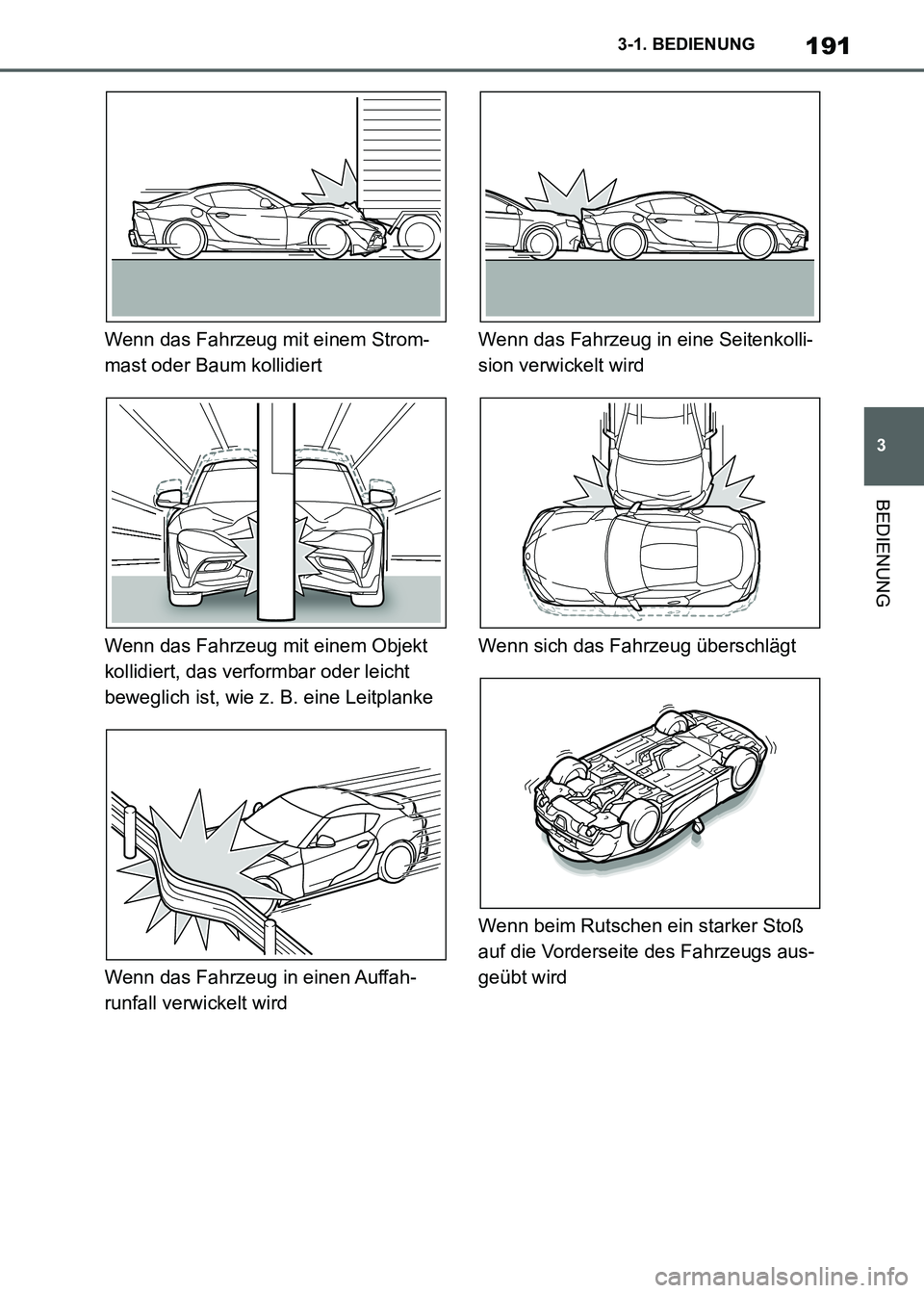 TOYOTA SUPRA 2021  Betriebsanleitungen (in German) 191
3 3-1. BEDIENUNG
BEDIENUNG
Supra Owners Manual_M (from Nov. 20 Prod.)Wenn das Fahrzeug mit einem Strom-
mast oder Baum kollidiert
Wenn das Fahrzeug mit einem Objekt 
kollidiert, das verformbar o