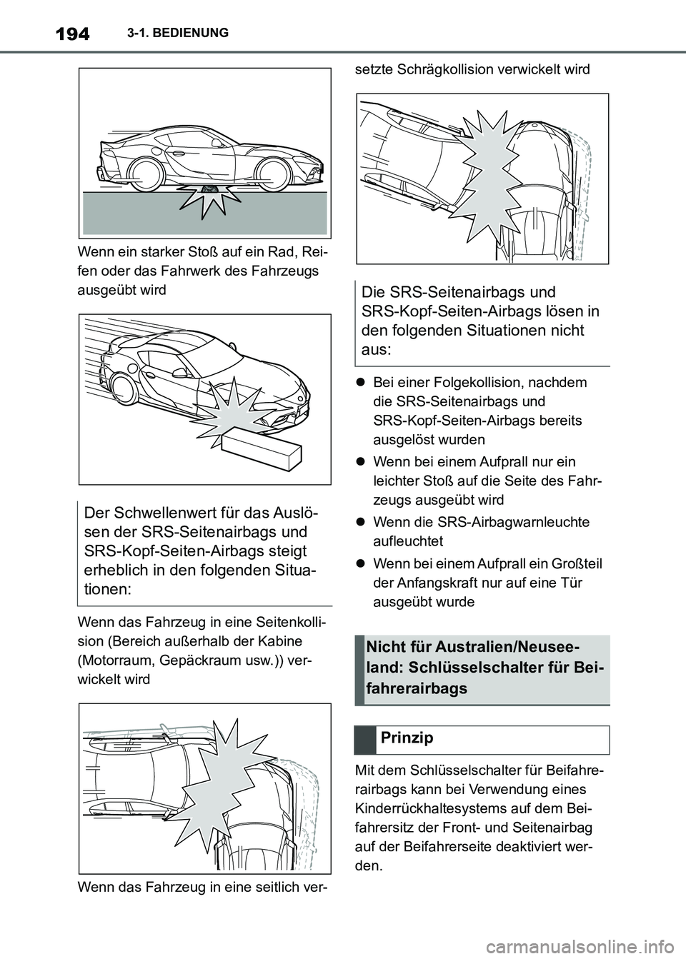 TOYOTA SUPRA 2021  Betriebsanleitungen (in German) 1943-1. BEDIENUNG
Supra Owners Manual_M (from Nov. 20 Prod.)Wenn ein starker Stoß auf ein Rad, Rei-
fen oder das Fahrwerk des Fahrzeugs 
ausgeübt wird
Wenn das Fahrzeug in eine Seitenkolli-
sion (