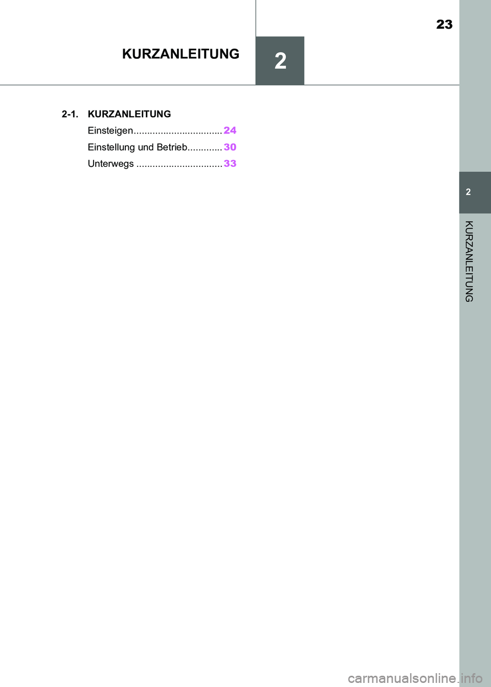 TOYOTA SUPRA 2021  Betriebsanleitungen (in German) 2
23
2
KURZANLEITUNG
Supra Owners Manual_M (from Nov. 20 Prod.)
KURZANLEITUNG
.2-1. KURZANLEITUNG
Einsteigen .................................24
Einstellung und Betrieb.............30
Unterwegs ....
