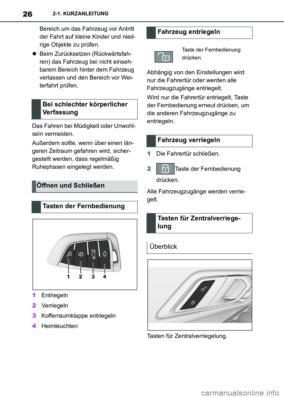 TOYOTA SUPRA 2021  Betriebsanleitungen (in German) 262-1. KURZANLEITUNG
Supra Owners Manual_M (from Nov. 20 Prod.)Bereich um das Fahrzeug vor Antritt 
der Fahrt auf kleine Kinder und nied-
rige Objekte zu prüfen.
Beim Zurücksetzen (Rückwärtsf