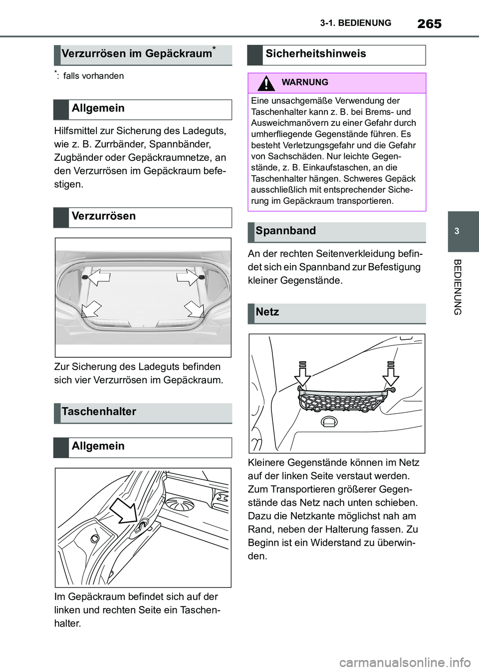 TOYOTA SUPRA 2021  Betriebsanleitungen (in German) 265
3 3-1. BEDIENUNG
BEDIENUNG
Supra Owners Manual_M (from Nov. 20 Prod.)
*: falls vorhanden
Hilfsmittel zur Sicherung des Ladeguts, 
wie z. B. Zurrbänder, Spannbänder, 
Zugbänder oder Gepäckrau