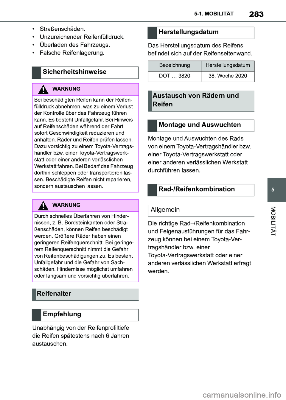 TOYOTA SUPRA 2021  Betriebsanleitungen (in German) 283
5 5-1. MOBILITÄT
MOBILITÄT
Supra Owners Manual_M (from Nov. 20 Prod.)• Straßenschäden.
• Unzureichender Reifenfülldruck.
• Überladen des Fahrzeugs.
• Falsche Reifenlagerung.
Unabh