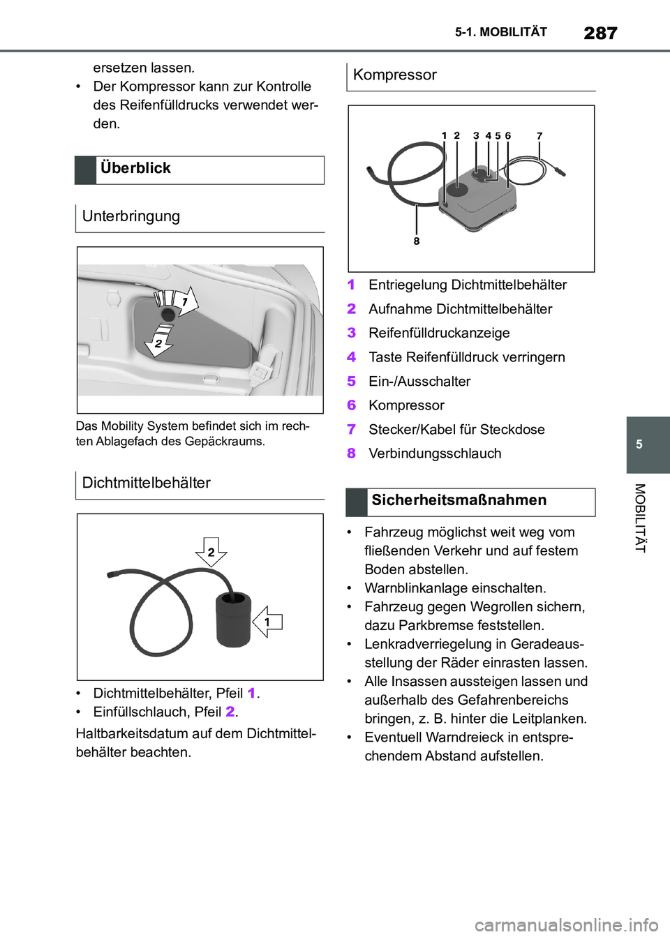 TOYOTA SUPRA 2021  Betriebsanleitungen (in German) 287
5 5-1. MOBILITÄT
MOBILITÄT
Supra Owners Manual_M (from Nov. 20 Prod.)ersetzen lassen.
• Der Kompressor kann zur Kontrolle 
des Reifenfülldrucks verwendet wer-
den.
Das Mobility System befin