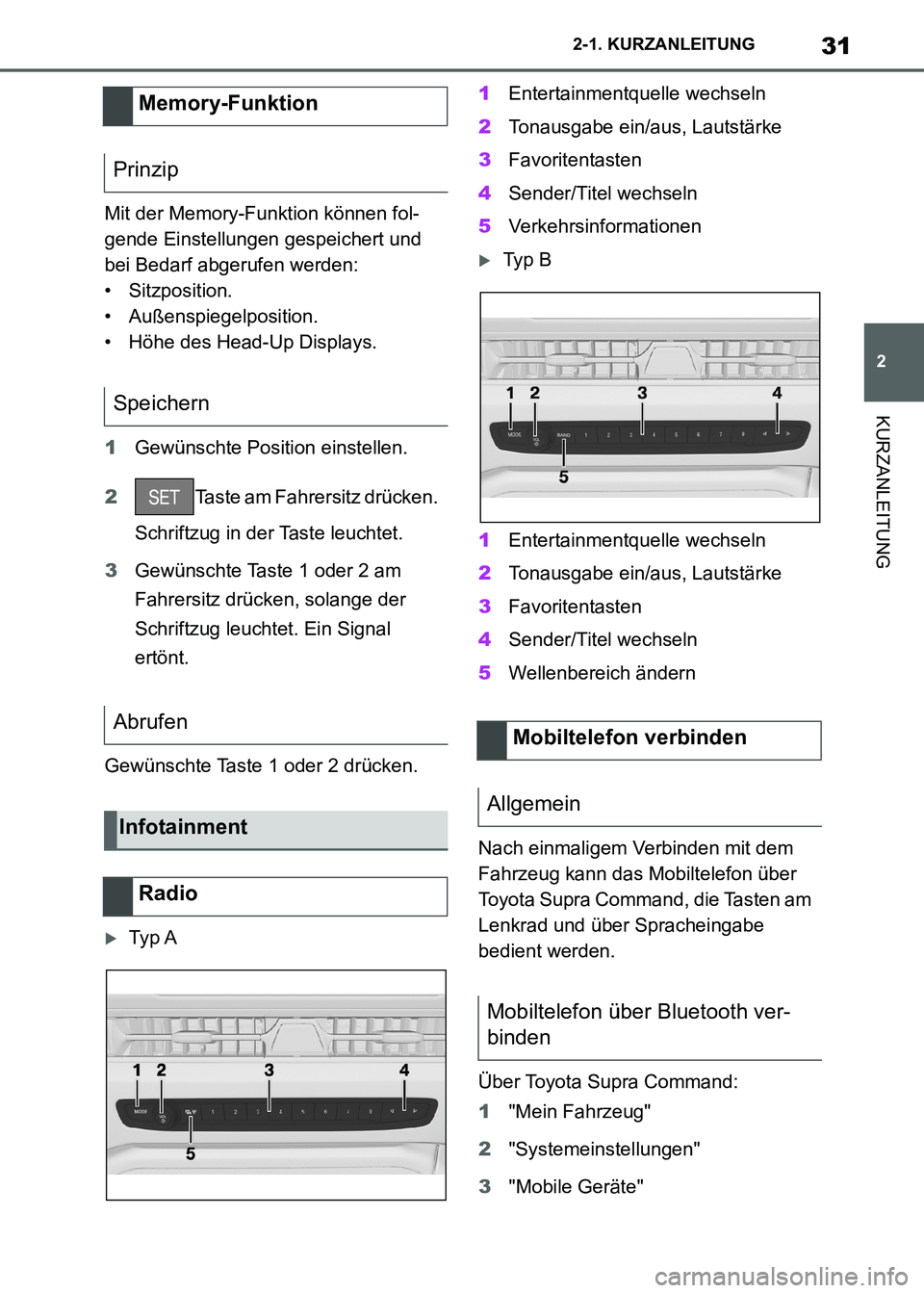 TOYOTA SUPRA 2021  Betriebsanleitungen (in German) 31
2 2-1. KURZANLEITUNG
KURZANLEITUNG
Supra Owners Manual_M (from Nov. 20 Prod.)Mit der Memory-Funktion können fol-
gende Einstellungen gespeichert und 
bei Bedarf abgerufen werden:
• Sitzpositio