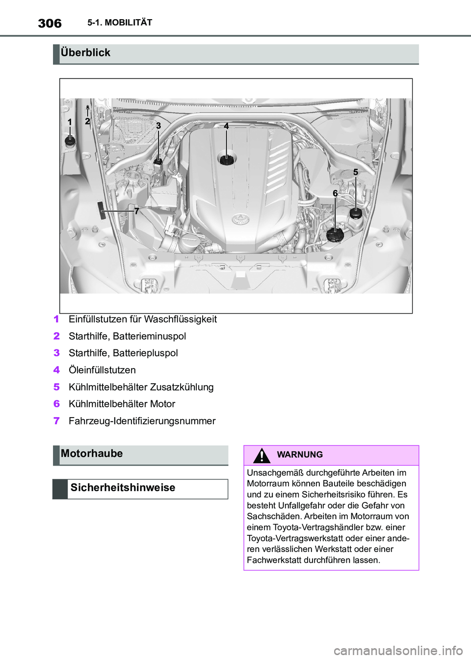 TOYOTA SUPRA 2021  Betriebsanleitungen (in German) 3065-1. MOBILITÄT
Supra Owners Manual_M (from Nov. 20 Prod.)1Einfüllstutzen für Waschflüssigkeit
2Starthilfe, Batterieminuspol
3Starthilfe, Batteriepluspol
4Öleinfüllstutzen
5Kühlmittelbehäl