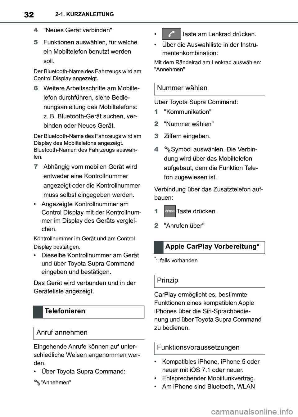 TOYOTA SUPRA 2021  Betriebsanleitungen (in German) 322-1. KURZANLEITUNG
Supra Owners Manual_M (from Nov. 20 Prod.)4"Neues Gerät verbinden"
5Funktionen auswählen, für welche 
ein Mobiltelefon benutzt werden 
soll.
Der Bluetooth-Name des Fahrzeugs 