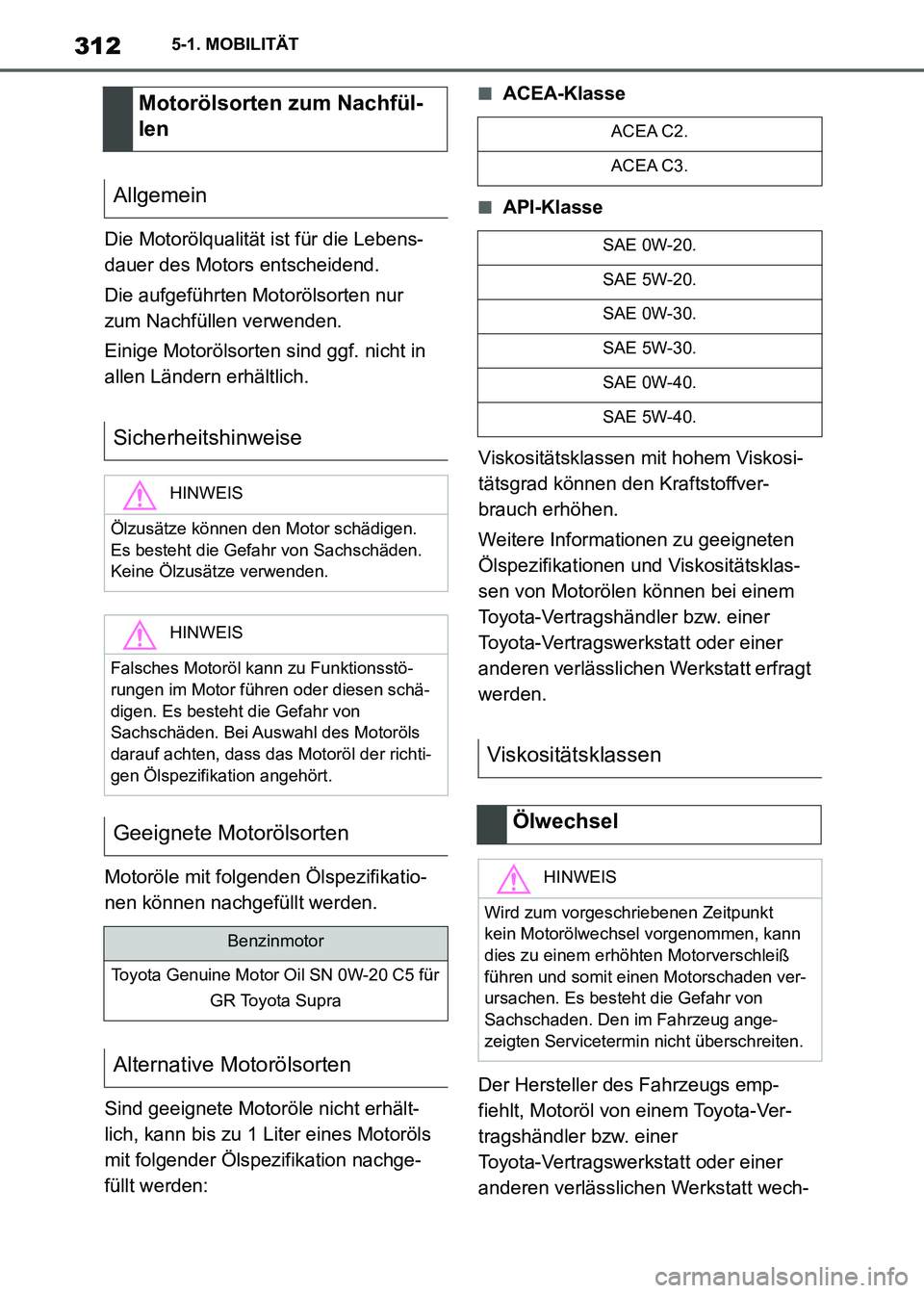 TOYOTA SUPRA 2021  Betriebsanleitungen (in German) 3125-1. MOBILITÄT
Supra Owners Manual_M (from Nov. 20 Prod.)Die Motorölqualität ist für die Lebens-
dauer des Motors entscheidend.
Die aufgeführten Motorölsorten nur 
zum Nachfüllen verwenden