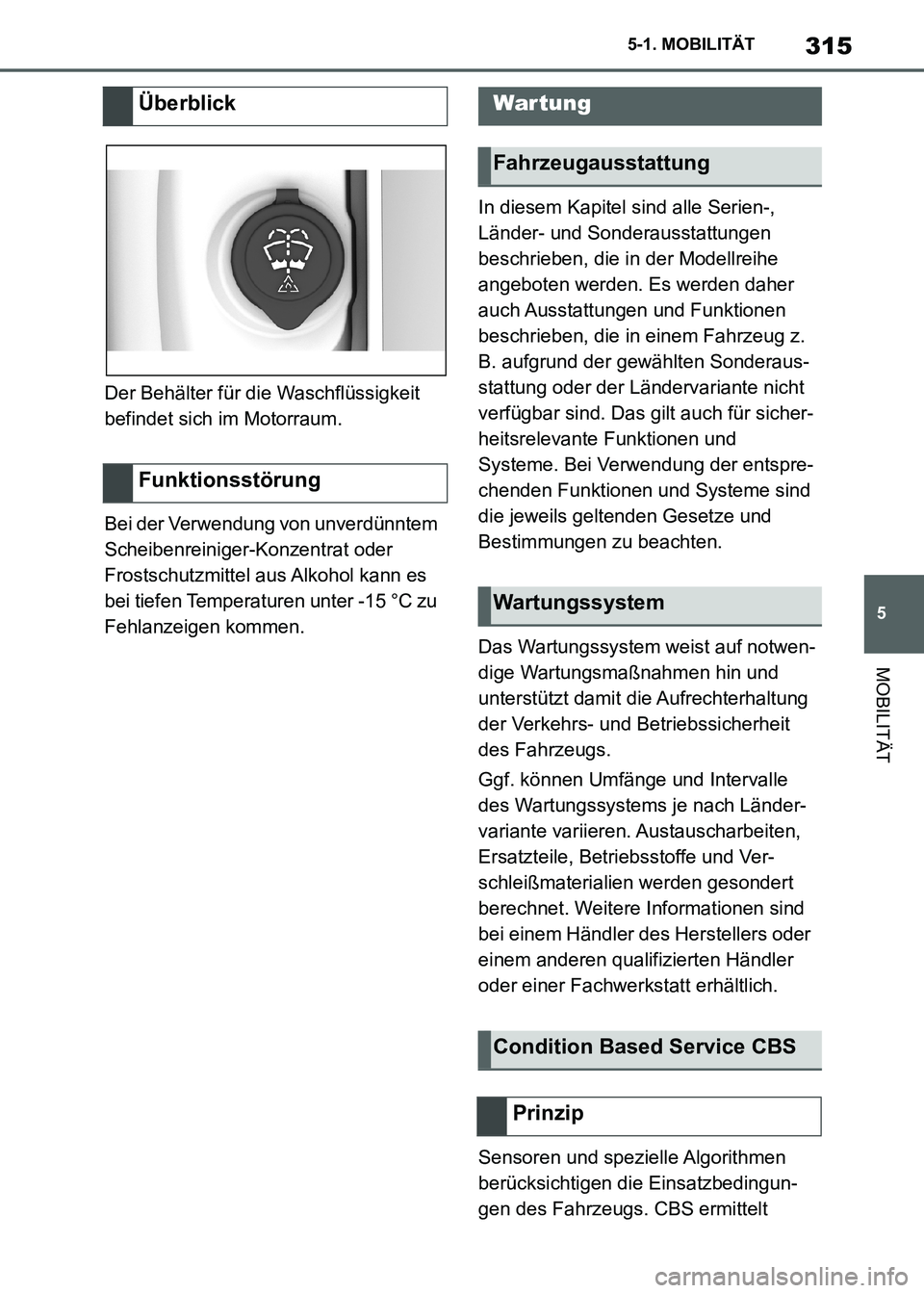 TOYOTA SUPRA 2021  Betriebsanleitungen (in German) 315
5 5-1. MOBILITÄT
MOBILITÄT
Supra Owners Manual_M (from Nov. 20 Prod.)Der Behälter für die Waschflüssigkeit 
befindet sich im Motorraum.
Bei der Verwendung von unverdünntem 
Scheibenreinige