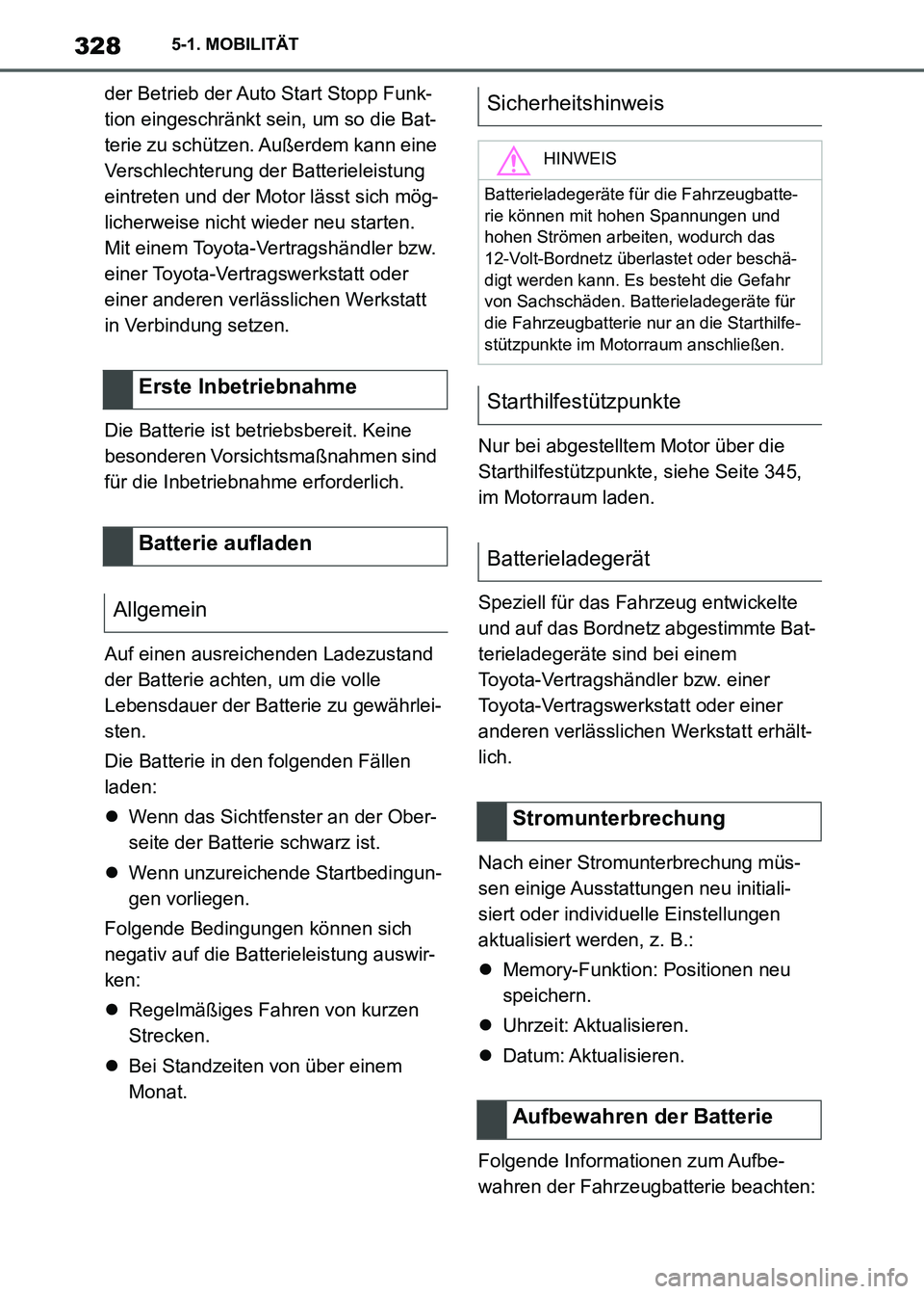 TOYOTA SUPRA 2021  Betriebsanleitungen (in German) 3285-1. MOBILITÄT
Supra Owners Manual_M (from Nov. 20 Prod.)der Betrieb der Auto Start Stopp Funk-
tion eingeschränkt sein, um so die Bat-
terie zu schützen. Außerdem kann eine 
Verschlechterung