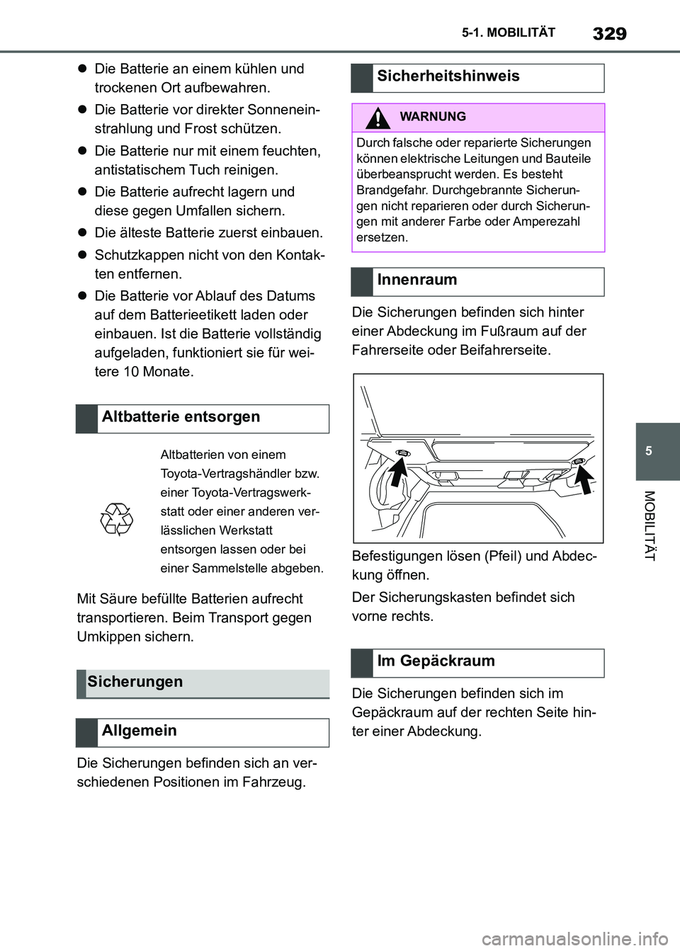 TOYOTA SUPRA 2021  Betriebsanleitungen (in German) 329
5 5-1. MOBILITÄT
MOBILITÄT
Supra Owners Manual_M (from Nov. 20 Prod.)Die Batterie an einem kühlen und 
trockenen Ort aufbewahren.
Die Batterie vor direkter Sonnenein-
strahlung und Fros