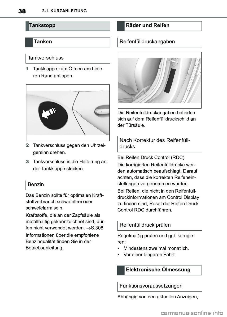 TOYOTA SUPRA 2021  Betriebsanleitungen (in German) 382-1. KURZANLEITUNG
Supra Owners Manual_M (from Nov. 20 Prod.)1Tankklappe zum Öffnen am hinte-
ren Rand antippen.
2Tankverschluss gegen den Uhrzei-
gersinn drehen.
3Tankverschluss in die Halterung