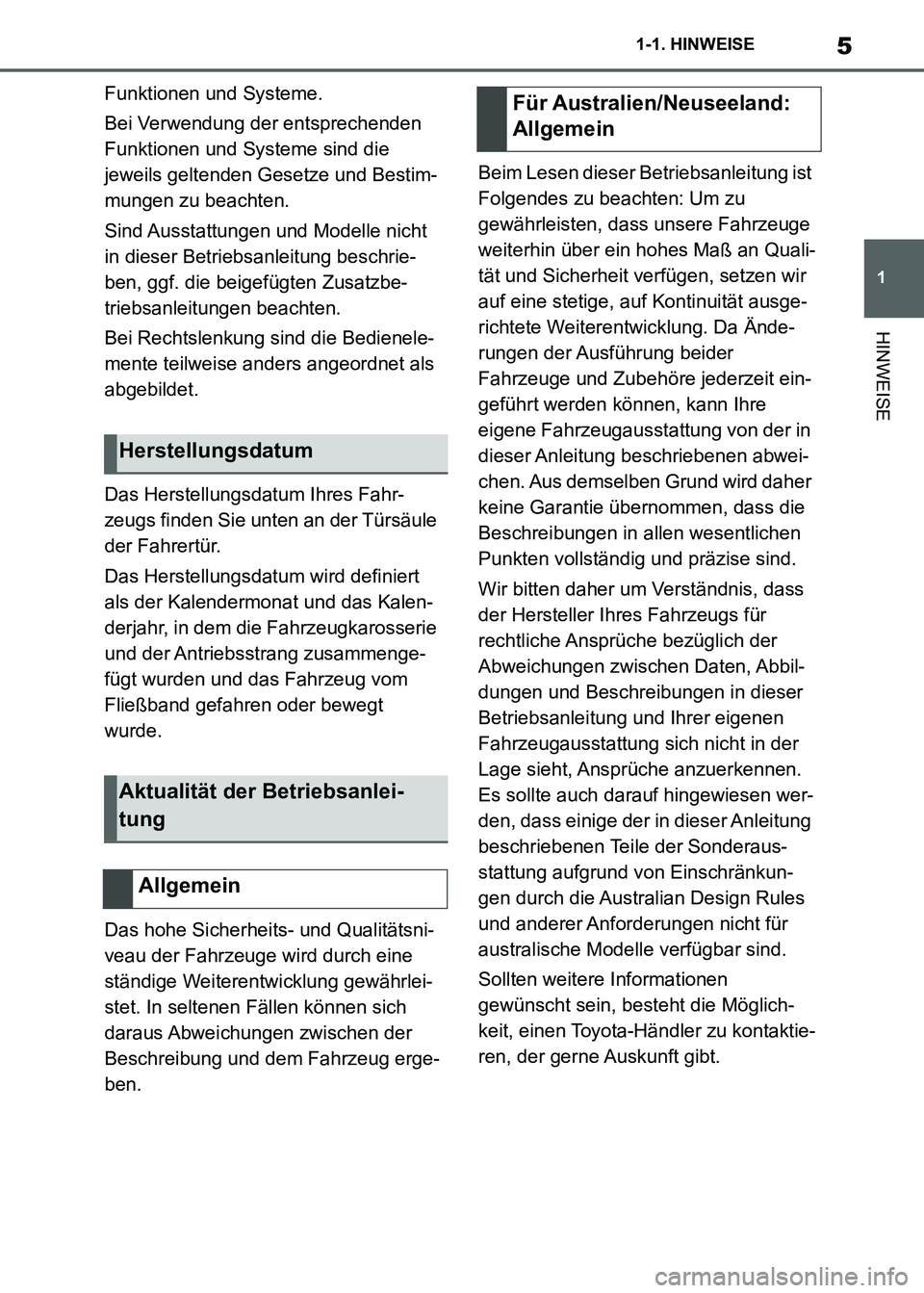 TOYOTA SUPRA 2021  Betriebsanleitungen (in German) 5
1 1-1. HINWEISE
HINWEISE
Supra Owners Manual_M (from Nov. 20 Prod.)Funktionen und Systeme.
Bei Verwendung der entsprechenden 
Funktionen und Systeme sind die 
jeweils geltenden Gesetze und Bestim-