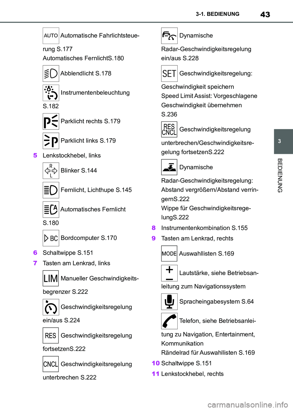 TOYOTA SUPRA 2021  Betriebsanleitungen (in German) 43
3 3-1. BEDIENUNG
BEDIENUNG
Supra Owners Manual_M (from Nov. 20 Prod.) Automatische  Fahrlichtsteue-
rung S.177
Automatisches FernlichtS.180
 Abblendlicht  S.178
 Instrumentenbeleuchtung 
S.182
 P