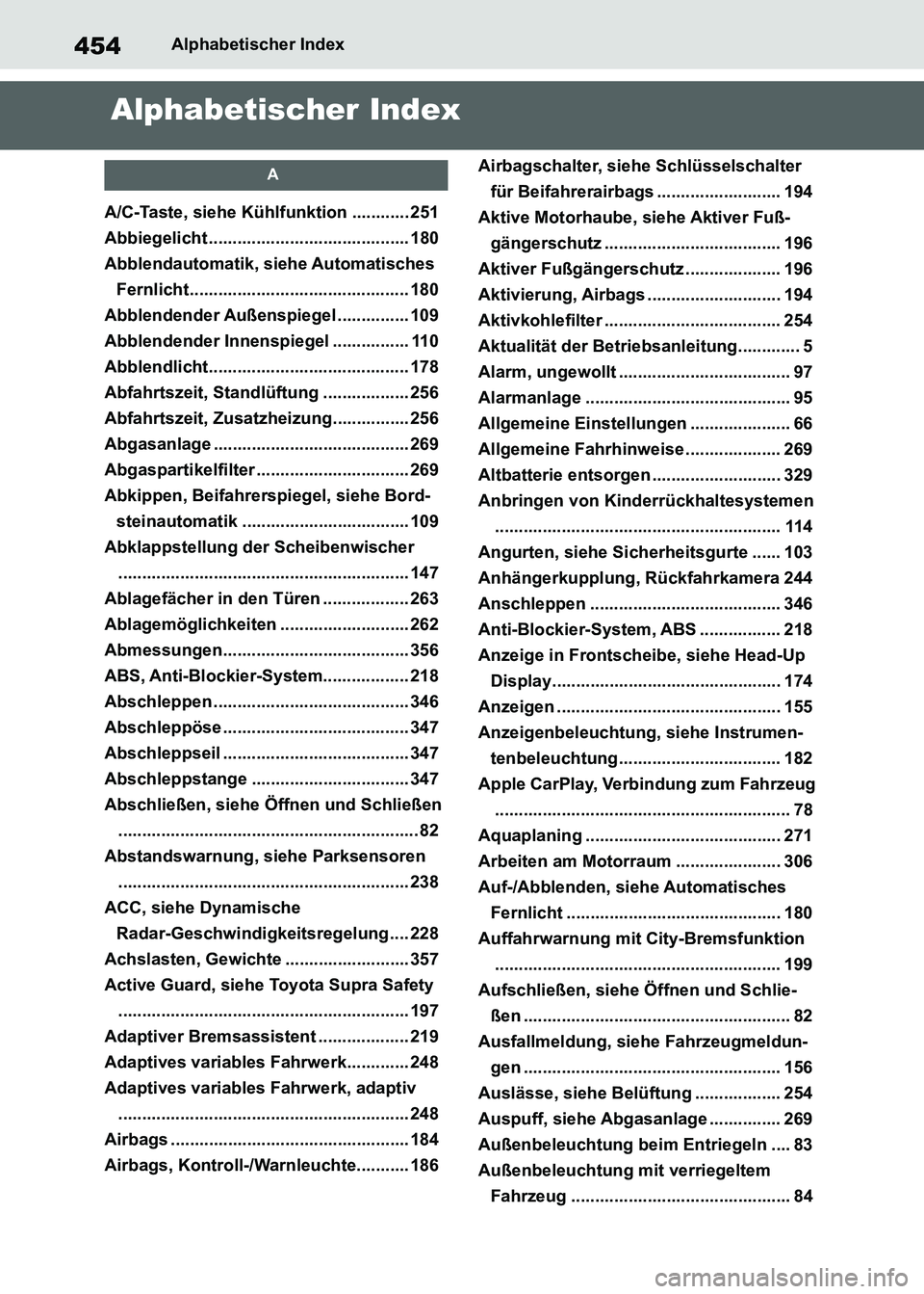 TOYOTA SUPRA 2021  Betriebsanleitungen (in German) 454Alphabetischer Index
Supra Owners Manual_M (from Nov. 20 Prod.)
Alphabetischer Index
A
A/C-Taste, siehe Kühlfunktion ............ 251
Abbiegelicht .......................................... 180
