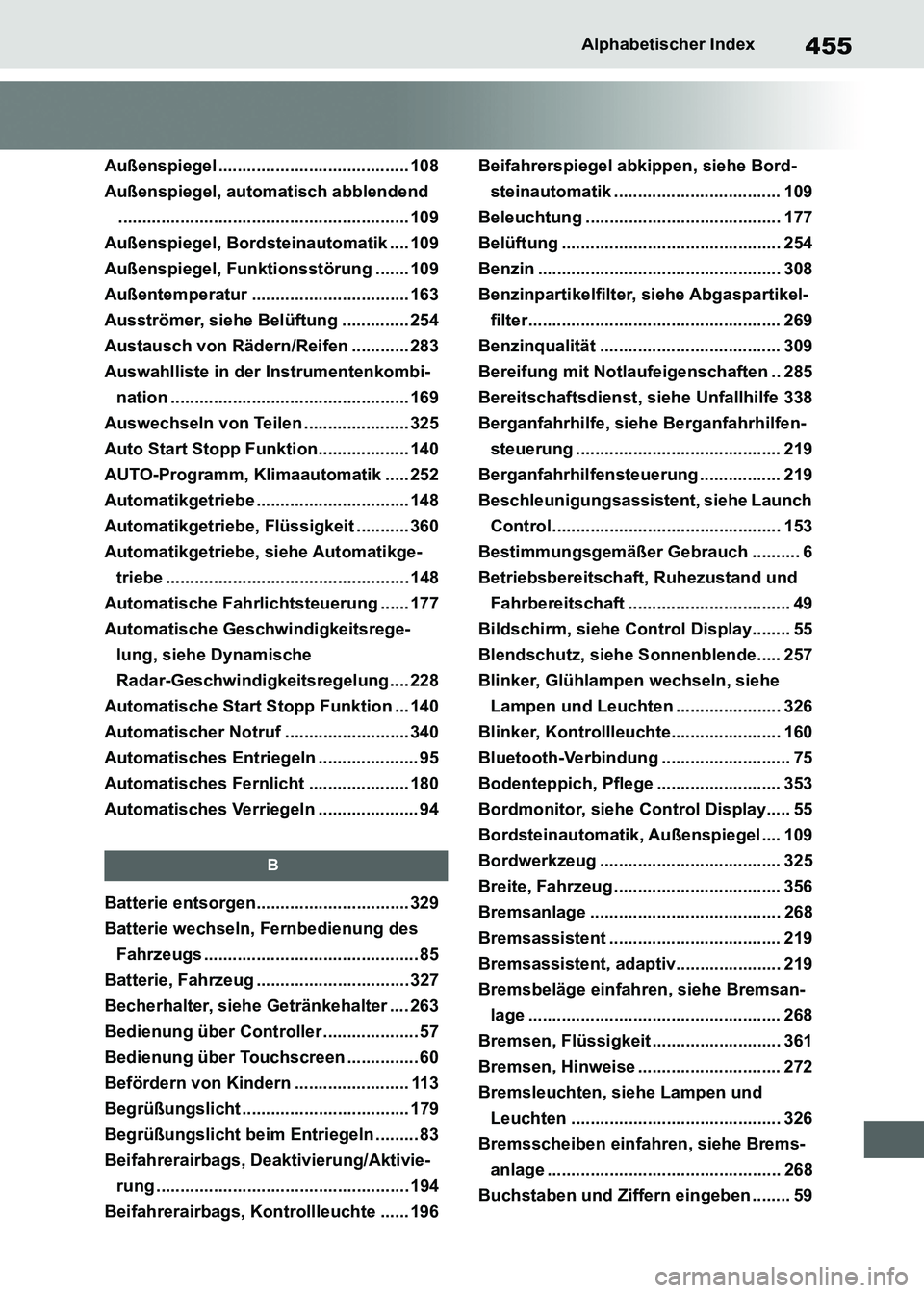 TOYOTA SUPRA 2021  Betriebsanleitungen (in German) 455Alphabetischer Index
Supra Owners Manual_M (from Nov. 20 Prod.)
Außenspiegel ........................................ 108
Außenspiegel, automatisch abblendend
..................................