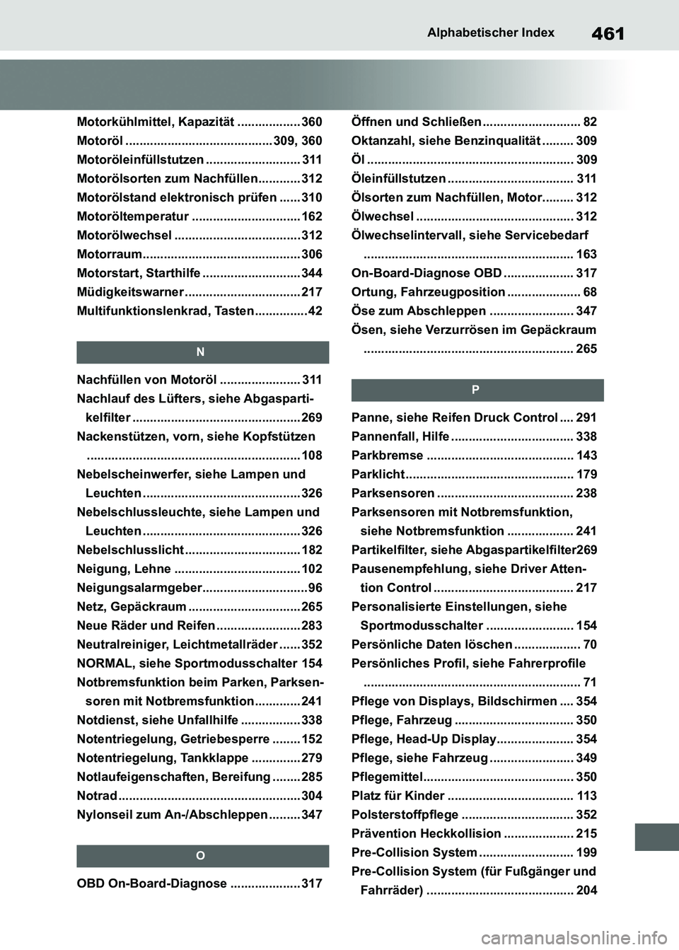 TOYOTA SUPRA 2021  Betriebsanleitungen (in German) 461Alphabetischer Index
Supra Owners Manual_M (from Nov. 20 Prod.)
Motorkühlmittel, Kapazität .................. 360
Motoröl .......................................... 309, 360
Motoröleinfüllst