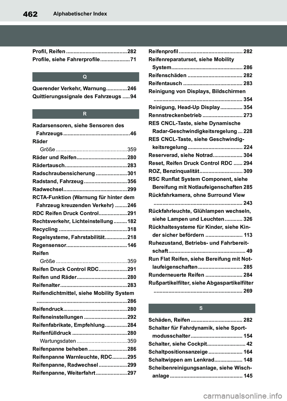 TOYOTA SUPRA 2021  Betriebsanleitungen (in German) 462Alphabetischer Index
Supra Owners Manual_M (from Nov. 20 Prod.)
Profil, Reifen ......................................... 282
Profile, siehe Fahrerprofile .................... 71
Q
Querender Verke