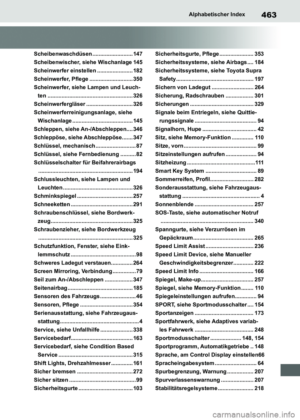 TOYOTA SUPRA 2021  Betriebsanleitungen (in German) 463Alphabetischer Index
Supra Owners Manual_M (from Nov. 20 Prod.)
Scheibenwaschdüsen .......................... 147
Scheibenwischer, siehe Wischanlage 145
Scheinwerfer einstellen .................