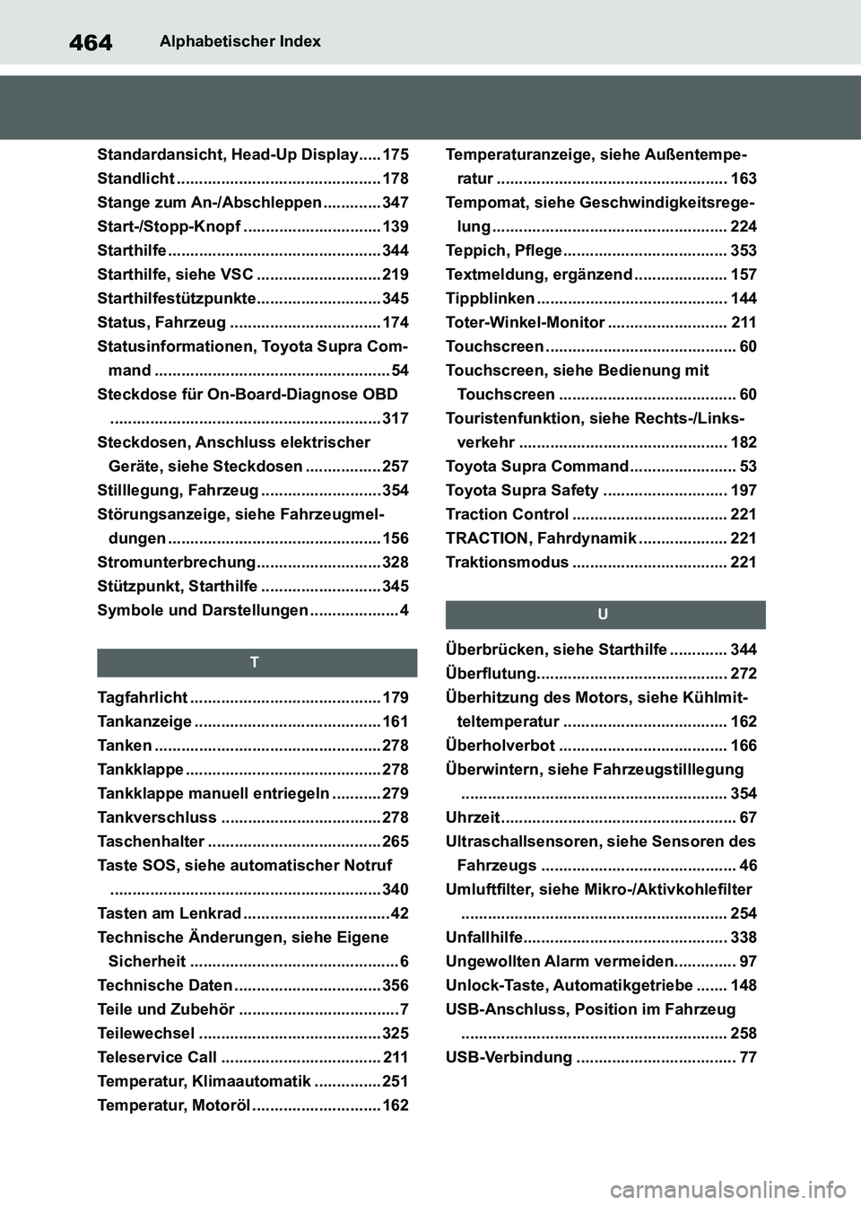 TOYOTA SUPRA 2021  Betriebsanleitungen (in German) 464Alphabetischer Index
Supra Owners Manual_M (from Nov. 20 Prod.)
Standardansicht, Head-Up Display..... 175
Standlicht .............................................. 178
Stange zum An-/Abschleppen 