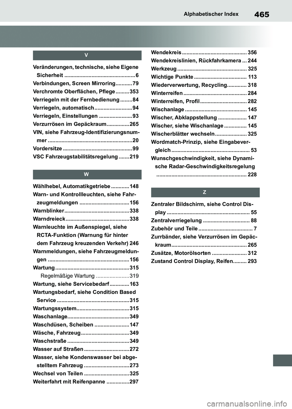 TOYOTA SUPRA 2021  Betriebsanleitungen (in German) 465Alphabetischer Index
Supra Owners Manual_M (from Nov. 20 Prod.)
V
Veränderungen, technische, siehe Eigene 
Sicherheit ............................................... 6
Verbindungen, Screen Mirro
