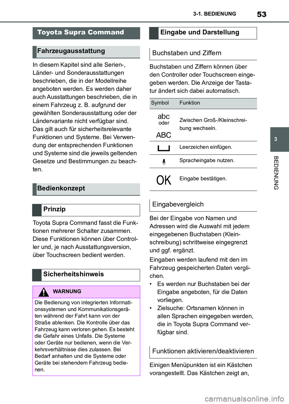 TOYOTA SUPRA 2021  Betriebsanleitungen (in German) 53
3 3-1. BEDIENUNG
BEDIENUNG
Supra Owners Manual_M (from Nov. 20 Prod.)In diesem Kapitel sind alle Serien-, 
Länder- und Sonderausstattungen 
beschrieben, die in der Modellreihe 
angeboten werden.
