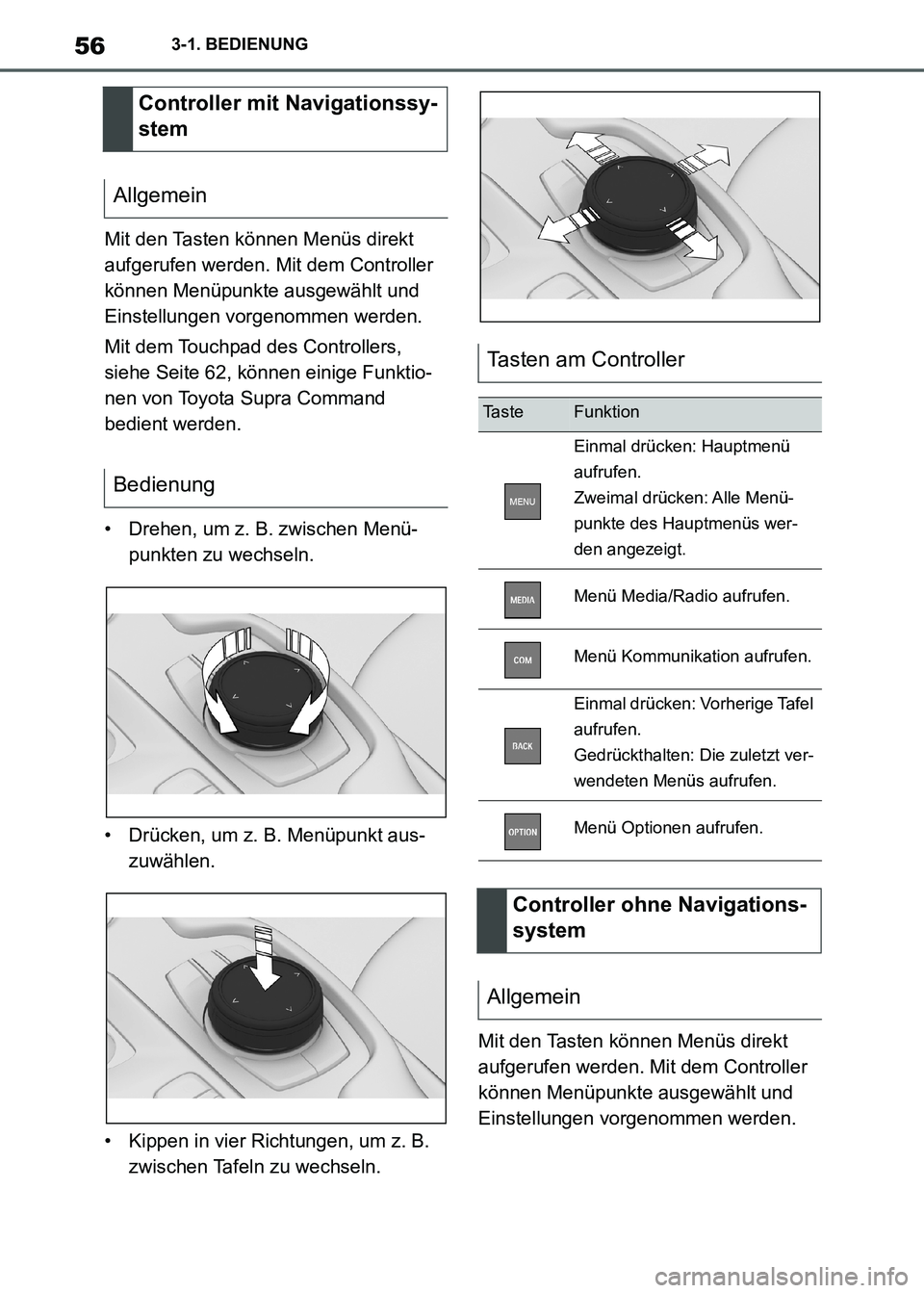 TOYOTA SUPRA 2021  Betriebsanleitungen (in German) 563-1. BEDIENUNG
Supra Owners Manual_M (from Nov. 20 Prod.)Mit den Tasten können Menüs direkt 
aufgerufen werden. Mit dem Controller 
können Menüpunkte ausgewählt und 
Einstellungen vorgenommen