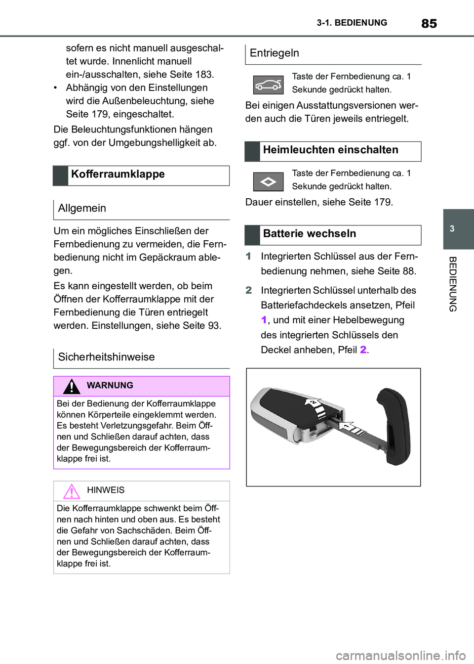 TOYOTA SUPRA 2021  Betriebsanleitungen (in German) 85
3 3-1. BEDIENUNG
BEDIENUNG
Supra Owners Manual_M (from Nov. 20 Prod.)sofern es nicht manuell ausgeschal-
tet wurde. Innenlicht manuell 
ein-/ausschalten, siehe Seite 183.
• Abhängig von den Ei