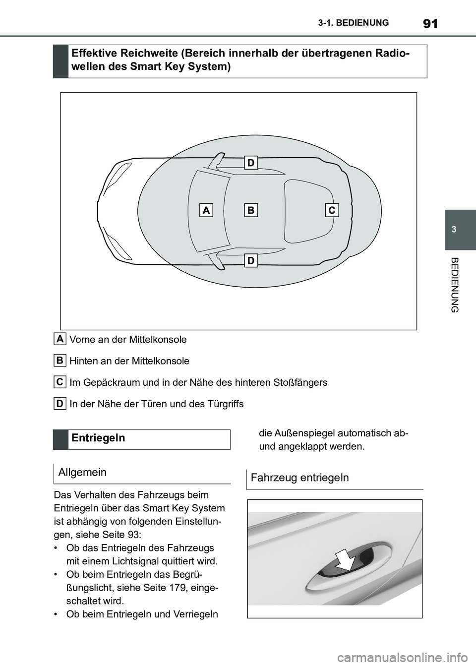 TOYOTA SUPRA 2021  Betriebsanleitungen (in German) 91
3 3-1. BEDIENUNG
BEDIENUNG
Supra Owners Manual_M (from Nov. 20 Prod.)Vorne an der Mittelkonsole
Hinten an der Mittelkonsole
Im Gepäckraum und in der Nähe des hinteren Stoßfängers
In der Nähe
