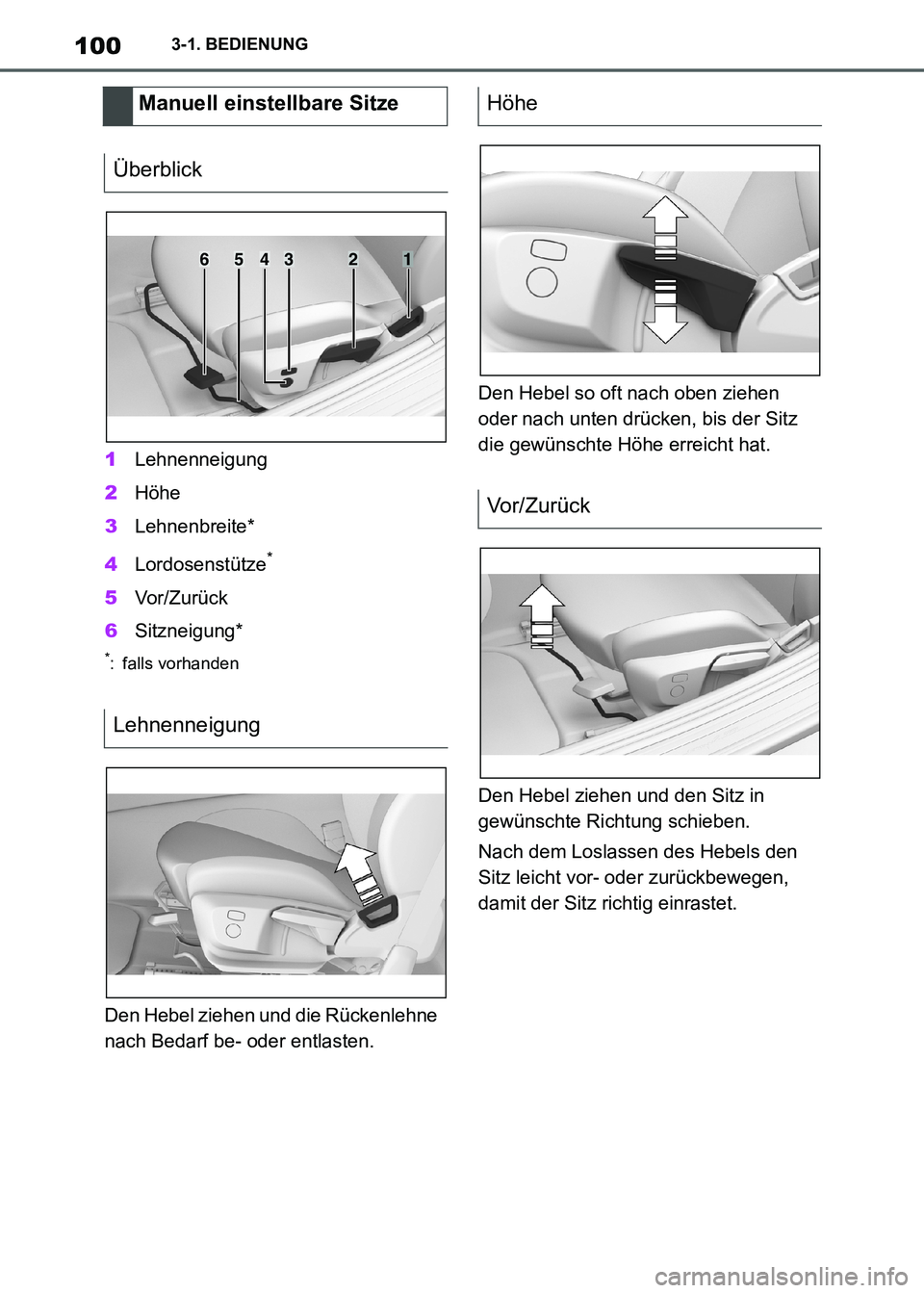 TOYOTA SUPRA 2021  Betriebsanleitungen (in German) 1003-1. BEDIENUNG
Supra Owners Manual_M (from Nov. 20 Prod.)1Lehnenneigung
2Höhe
3Lehnenbreite*
4Lordosenstütze
*
5Vor/Zurück
6Sitzneigung*
*: falls vorhanden
Den Hebel ziehen und die Rückenlehn