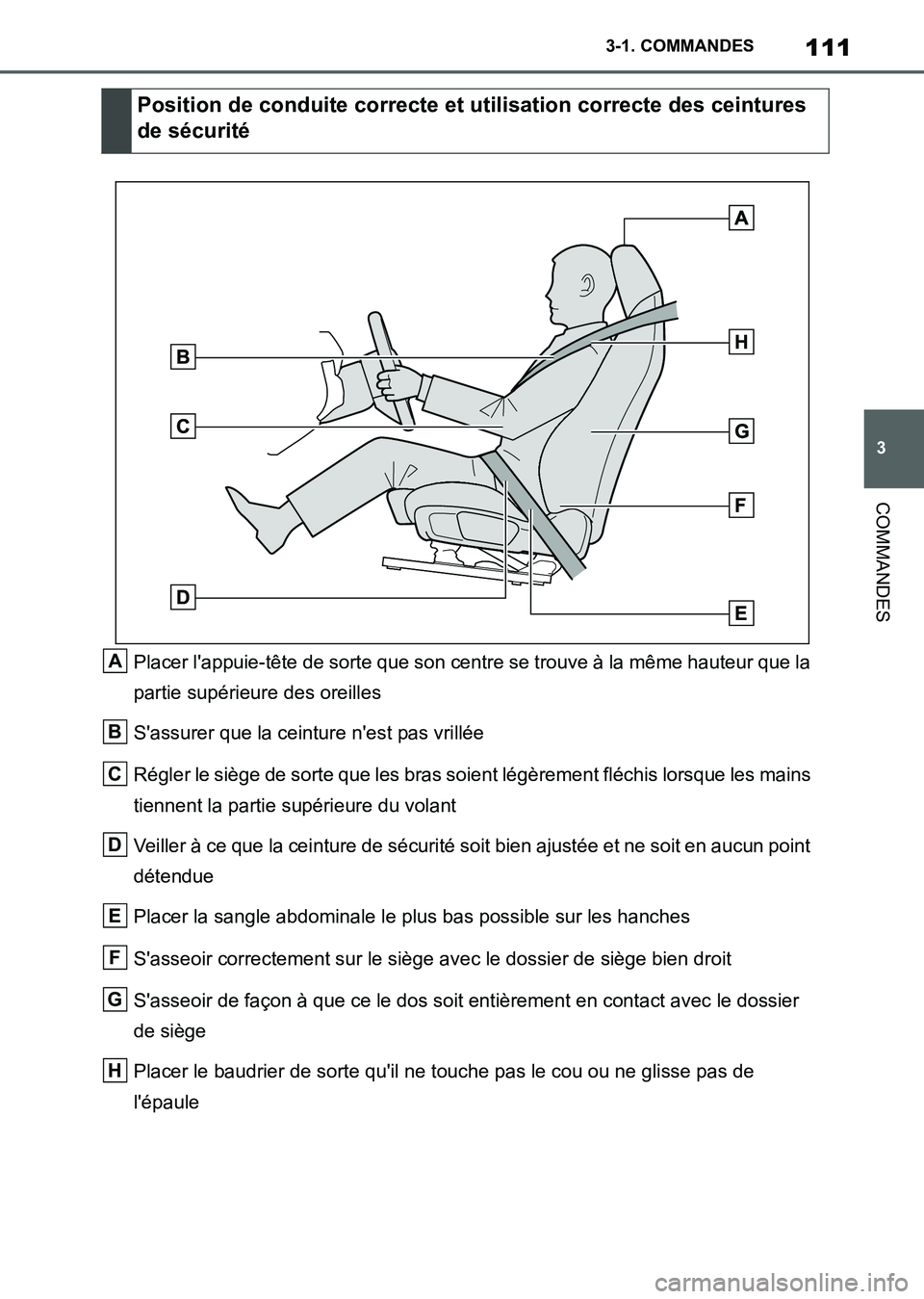 TOYOTA SUPRA 2021  Notices Demploi (in French) 111
3 3-1. COMMANDES
COMMANDES
Supra Owners Manual_K (from Nov. 20 Prod.)Placer lappuie-tête de sorte que son centre se trouve à la même hauteur que la 
partie supérieure des oreilles
Sassurer