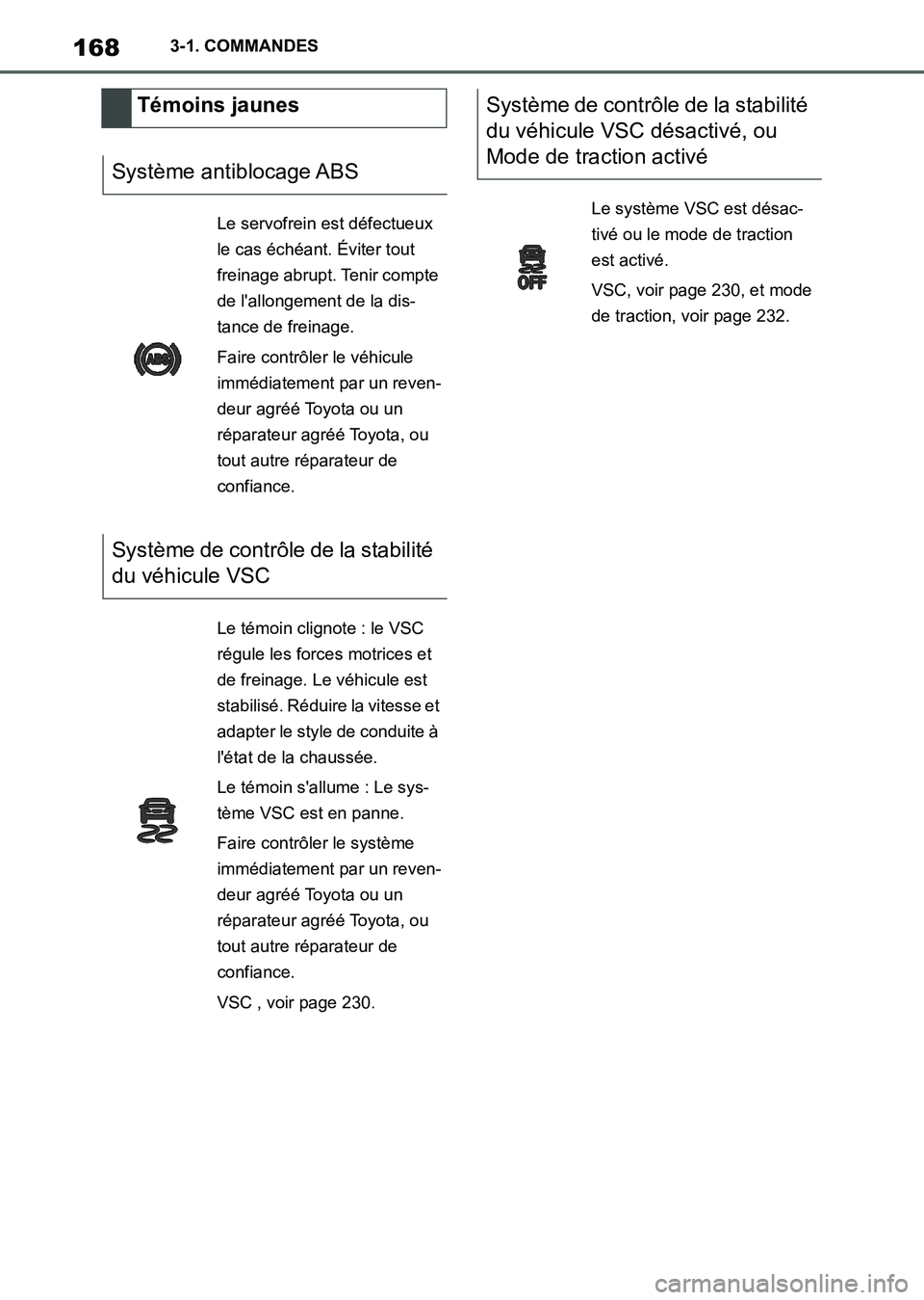TOYOTA SUPRA 2021 Notices Demploi (in French) 1683-1. COMMANDES
Supra Owners Manual_K (from Nov. 20 Prod.)
Témoins jaunes
Système antiblocage ABS
Le servofrein est défectueux
le cas échéant. Éviter tout
freinage abrupt. Tenir compte
de TOYOTA SUPRA 2021 Notices Demploi (in French) 1683-1. COMMANDES
Supra Owners Manual_K (from Nov. 20 Prod.)
Témoins jaunes
Système antiblocage ABS
Le servofrein est défectueux
le cas échéant. Éviter tout
freinage abrupt. Tenir compte
de