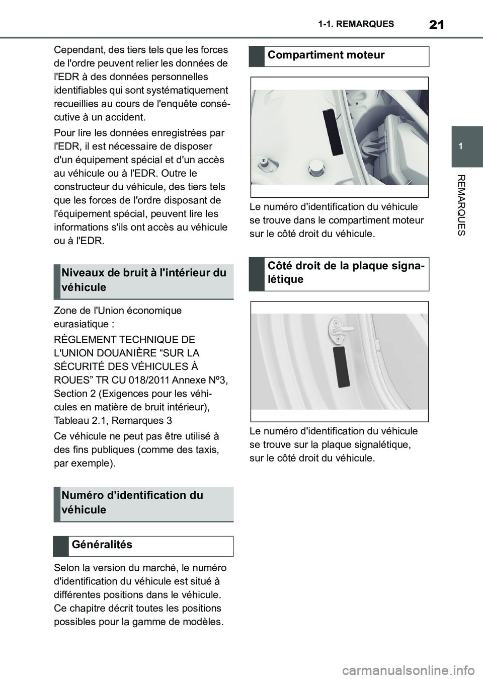 TOYOTA SUPRA 2021  Notices Demploi (in French) 21
1 1-1. REMARQUES
REMARQUES
Supra Owners Manual_K (from Nov. 20 Prod.)Cependant, des tiers tels que les forces 
de lordre peuvent relier les données de 
lEDR à des données personnelles 
ident