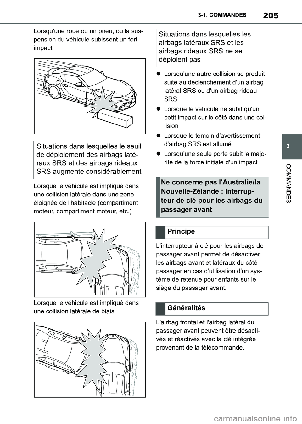TOYOTA SUPRA 2021 Notices Demploi (in French) 205
3 3-1. COMMANDES
COMMANDES
Supra Owners Manual_K (from Nov. 20 Prod.)Lorsquune roue ou un pneu, ou la sus-
pension du véhicule subissent un fort
impact
Lorsque le véhicule est impliqué dans TOYOTA SUPRA 2021 Notices Demploi (in French) 205
3 3-1. COMMANDES
COMMANDES
Supra Owners Manual_K (from Nov. 20 Prod.)Lorsquune roue ou un pneu, ou la sus-
pension du véhicule subissent un fort
impact
Lorsque le véhicule est impliqué dans