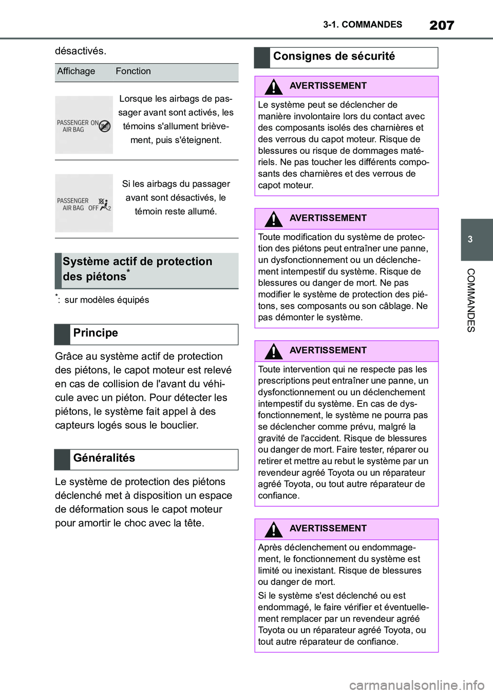 TOYOTA SUPRA 2021 Notices Demploi (in French) 207
3 3-1. COMMANDES
COMMANDES
Supra Owners Manual_K (from Nov. 20 Prod.)désactivés.
*: sur modèles équipés
Grâce au système actif de protection
des piétons, le capot moteur est relevé
en TOYOTA SUPRA 2021 Notices Demploi (in French) 207
3 3-1. COMMANDES
COMMANDES
Supra Owners Manual_K (from Nov. 20 Prod.)désactivés.
*: sur modèles équipés
Grâce au système actif de protection
des piétons, le capot moteur est relevé
en