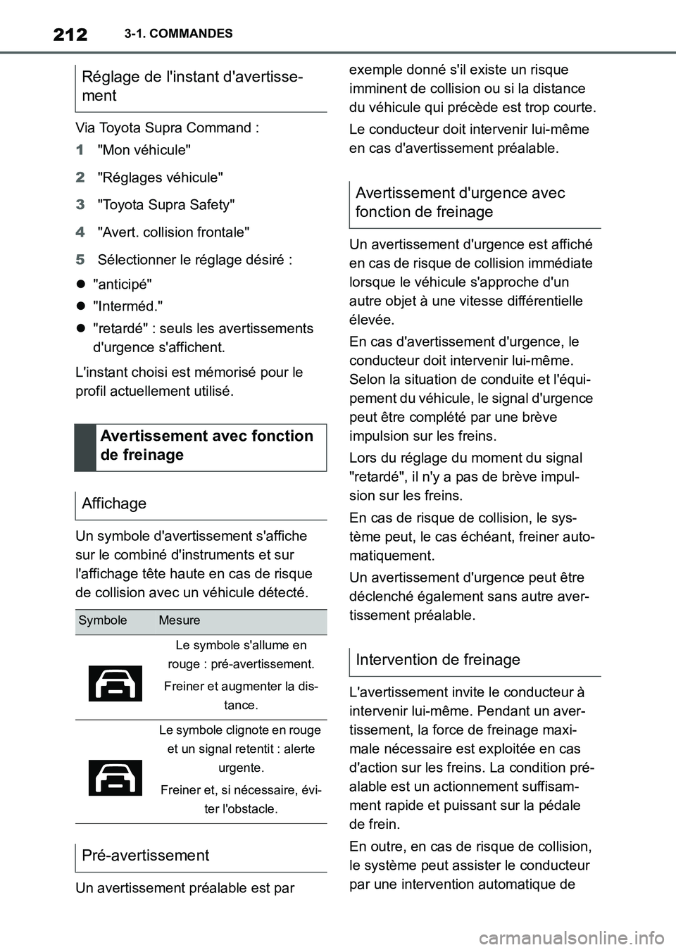 TOYOTA SUPRA 2021 Notices Demploi (in French) 2123-1. COMMANDES
Supra Owners Manual_K (from Nov. 20 Prod.)Via Toyota Supra Command :
1"Mon véhicule"
2"Réglages véhicule"
3"Toyota Supra Safety"
4"Avert. collision frontale"
5Sélectionner le r TOYOTA SUPRA 2021 Notices Demploi (in French) 2123-1. COMMANDES
Supra Owners Manual_K (from Nov. 20 Prod.)Via Toyota Supra Command :
1"Mon véhicule"
2"Réglages véhicule"
3"Toyota Supra Safety"
4"Avert. collision frontale"
5Sélectionner le r