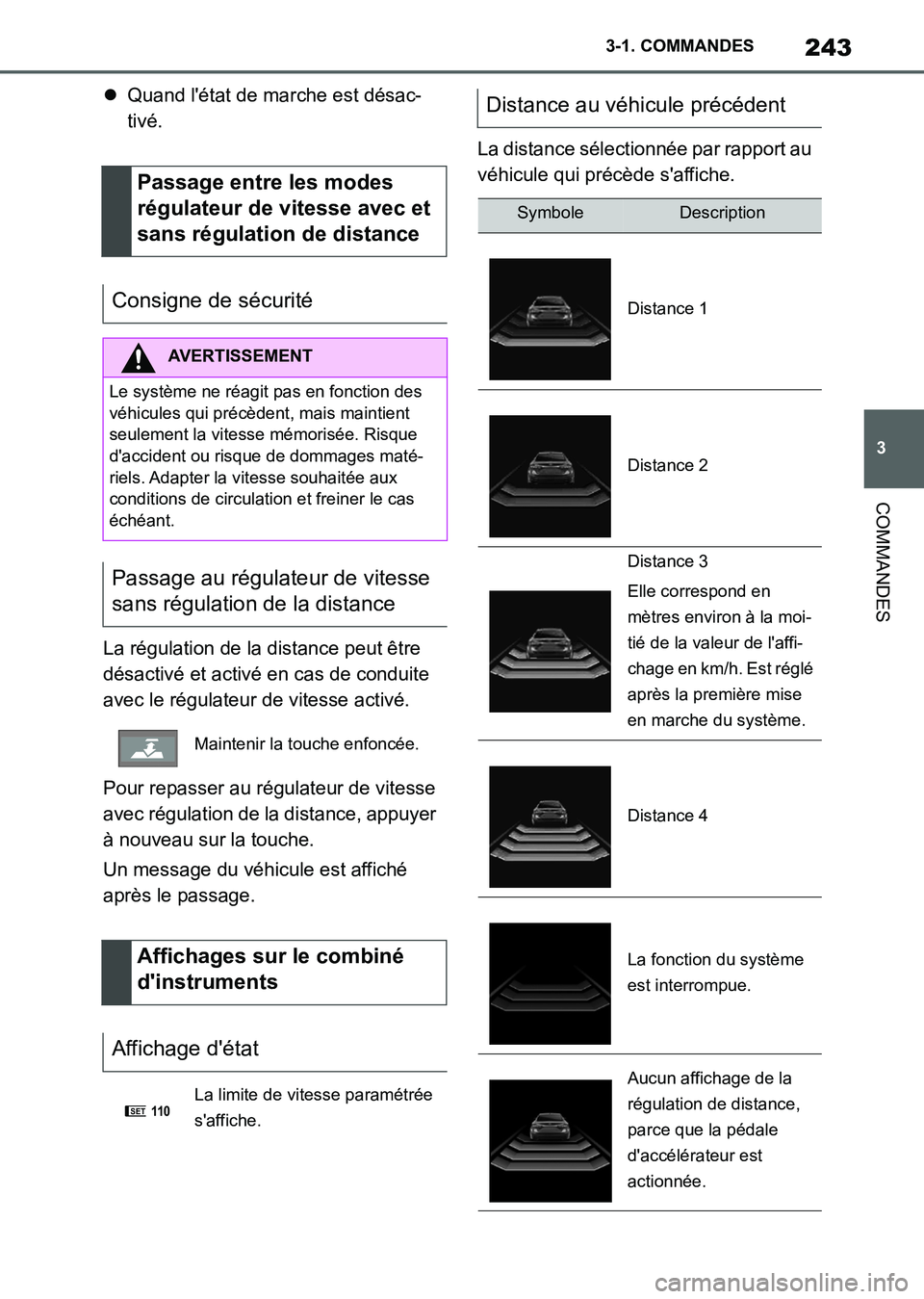 TOYOTA SUPRA 2021 Notices Demploi (in French) 243
3 3-1. COMMANDES
COMMANDES
Supra Owners Manual_K (from Nov. 20 Prod.)Quand létat de marche est désac-
tivé.
La régulation de la distance peut être
désactivé et activé en cas de cond TOYOTA SUPRA 2021 Notices Demploi (in French) 243
3 3-1. COMMANDES
COMMANDES
Supra Owners Manual_K (from Nov. 20 Prod.)Quand létat de marche est désac-
tivé.
La régulation de la distance peut être
désactivé et activé en cas de cond