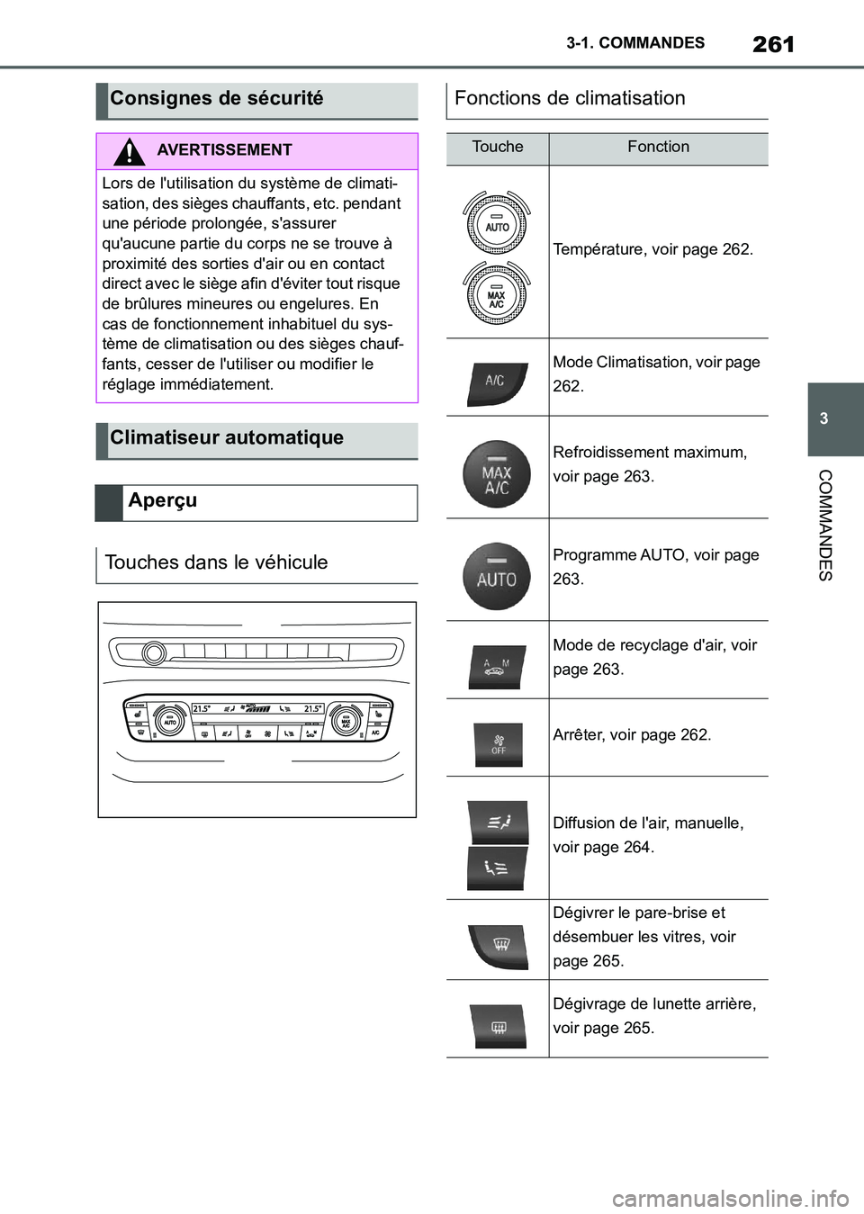 TOYOTA SUPRA 2021 Notices Demploi (in French) 261
3 3-1. COMMANDES
COMMANDES
Supra Owners Manual_K (from Nov. 20 Prod.)
Consignes de sécurité
AVERTISSEMENT
Lors de lutilisation du système de climati-
sation, des sièges chauffants, etc. pen TOYOTA SUPRA 2021 Notices Demploi (in French) 261
3 3-1. COMMANDES
COMMANDES
Supra Owners Manual_K (from Nov. 20 Prod.)
Consignes de sécurité
AVERTISSEMENT
Lors de lutilisation du système de climati-
sation, des sièges chauffants, etc. pen