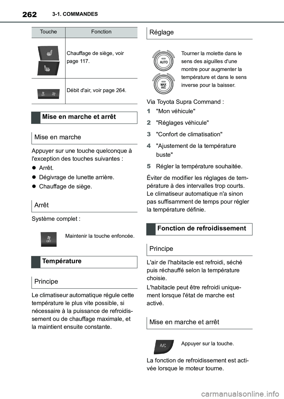 TOYOTA SUPRA 2021 Notices Demploi (in French) 2623-1. COMMANDES
Supra Owners Manual_K (from Nov. 20 Prod.)Appuyer sur une touche quelconque à
lexception des touches suivantes :
Arrêt.
Dégivrage de lunette arrière.
Chauffage de si TOYOTA SUPRA 2021 Notices Demploi (in French) 2623-1. COMMANDES
Supra Owners Manual_K (from Nov. 20 Prod.)Appuyer sur une touche quelconque à
lexception des touches suivantes :
Arrêt.
Dégivrage de lunette arrière.
Chauffage de si