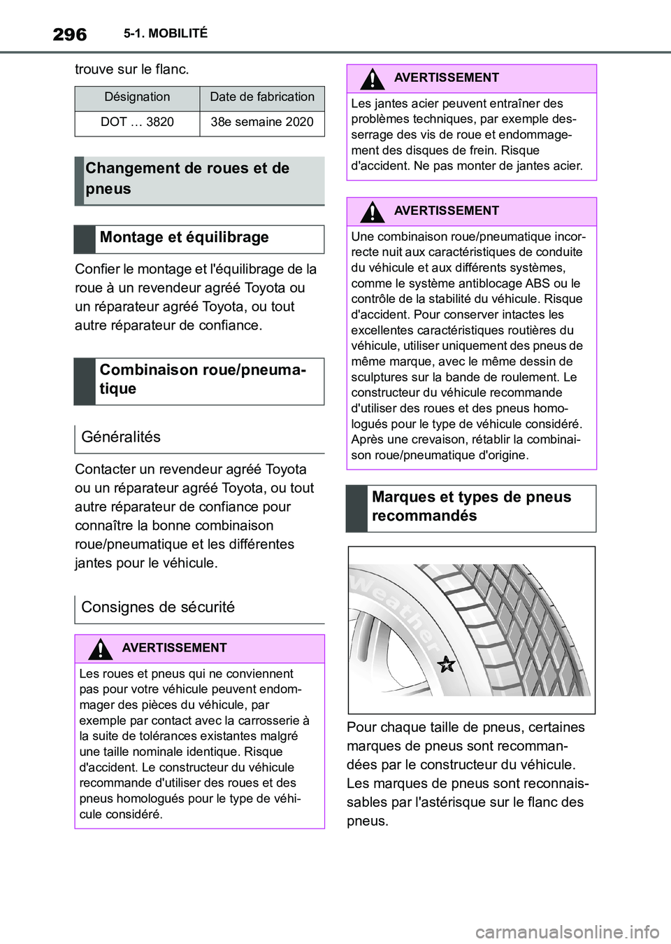 TOYOTA SUPRA 2021 Notices Demploi (in French) 2965-1. MOBILITÉ
Supra Owners Manual_K (from Nov. 20 Prod.)trouve sur le flanc.
Confier le montage et léquilibrage de la
roue à un revendeur agréé Toyota ou
un réparateur agréé Toyota, ou TOYOTA SUPRA 2021 Notices Demploi (in French) 2965-1. MOBILITÉ
Supra Owners Manual_K (from Nov. 20 Prod.)trouve sur le flanc.
Confier le montage et léquilibrage de la
roue à un revendeur agréé Toyota ou
un réparateur agréé Toyota, ou