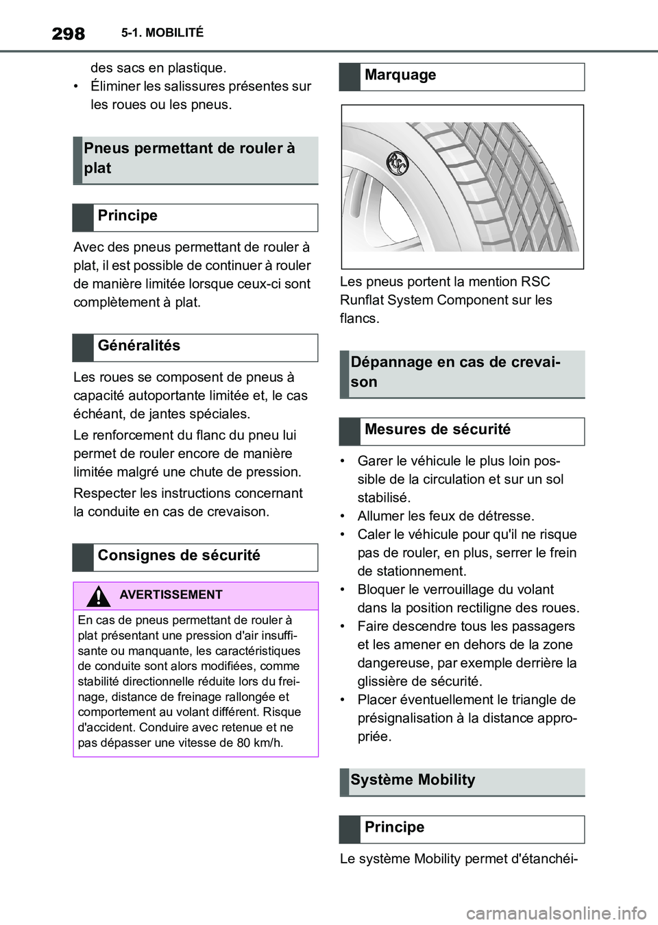 TOYOTA SUPRA 2021 Notices Demploi (in French) 2985-1. MOBILITÉ
Supra Owners Manual_K (from Nov. 20 Prod.)des sacs en plastique.
• Éliminer les salissures présentes sur
les roues ou les pneus.
Avec des pneus permettant de rouler à
plat, TOYOTA SUPRA 2021 Notices Demploi (in French) 2985-1. MOBILITÉ
Supra Owners Manual_K (from Nov. 20 Prod.)des sacs en plastique.
• Éliminer les salissures présentes sur
les roues ou les pneus.
Avec des pneus permettant de rouler à
plat,