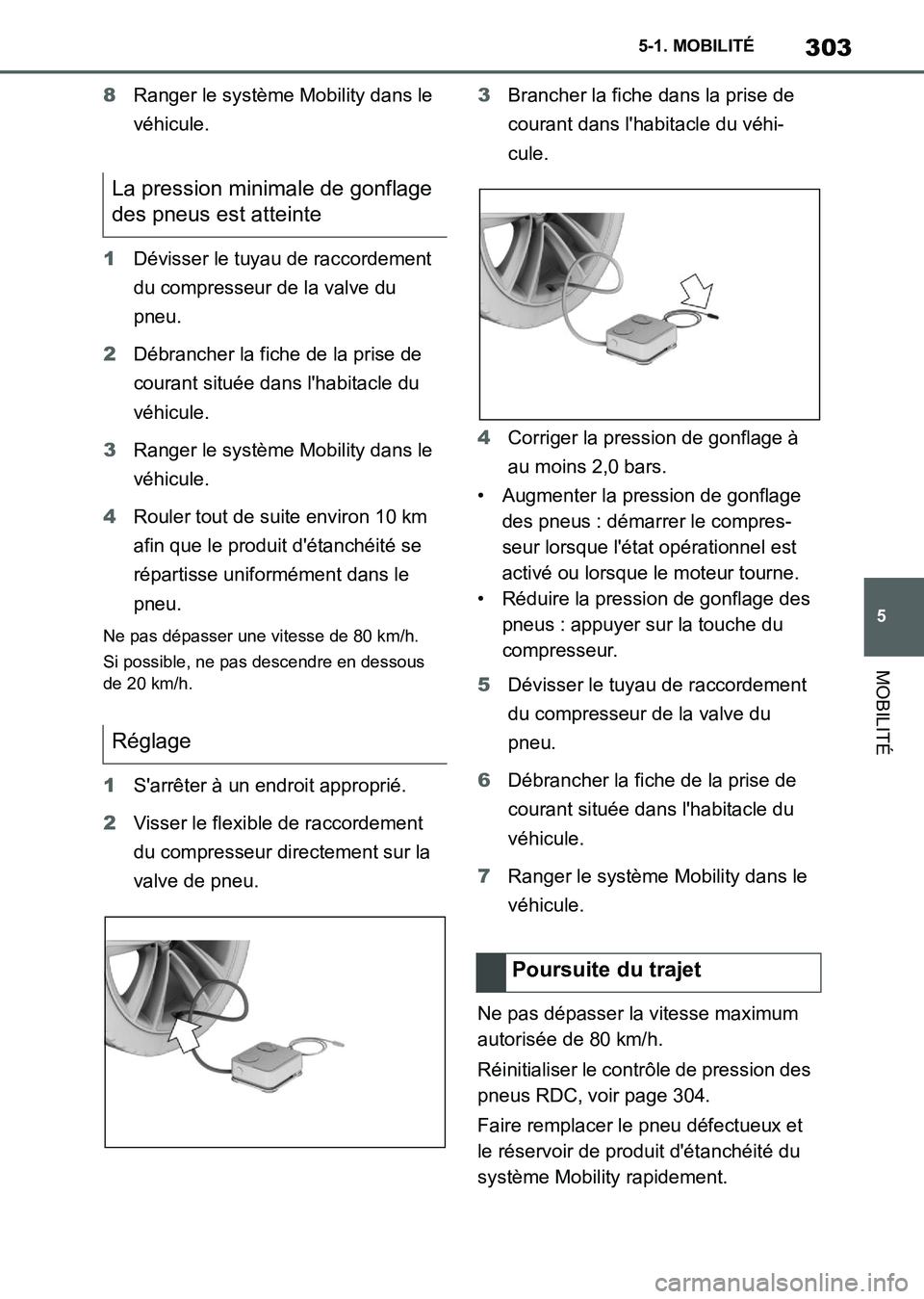 TOYOTA SUPRA 2021 Notices Demploi (in French) 303
5 5-1. MOBILITÉ
MOBILITÉ
Supra Owners Manual_K (from Nov. 20 Prod.)8Ranger le système Mobility dans le
véhicule.
1Dévisser le tuyau de raccordement
du compresseur de la valve du
pneu.
2D TOYOTA SUPRA 2021 Notices Demploi (in French) 303
5 5-1. MOBILITÉ
MOBILITÉ
Supra Owners Manual_K (from Nov. 20 Prod.)8Ranger le système Mobility dans le
véhicule.
1Dévisser le tuyau de raccordement
du compresseur de la valve du
pneu.
2D