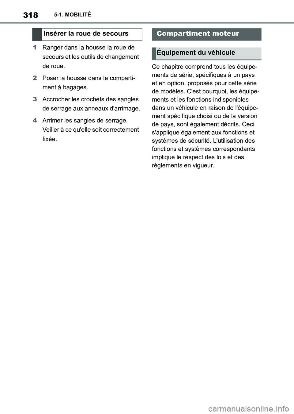 TOYOTA SUPRA 2021  Notices Demploi (in French) 3185-1. MOBILITÉ
Supra Owners Manual_K (from Nov. 20 Prod.)1Ranger dans la housse la roue de 
secours et les outils de changement 
de roue.
2Poser la housse dans le comparti-
ment à bagages.
3Accr