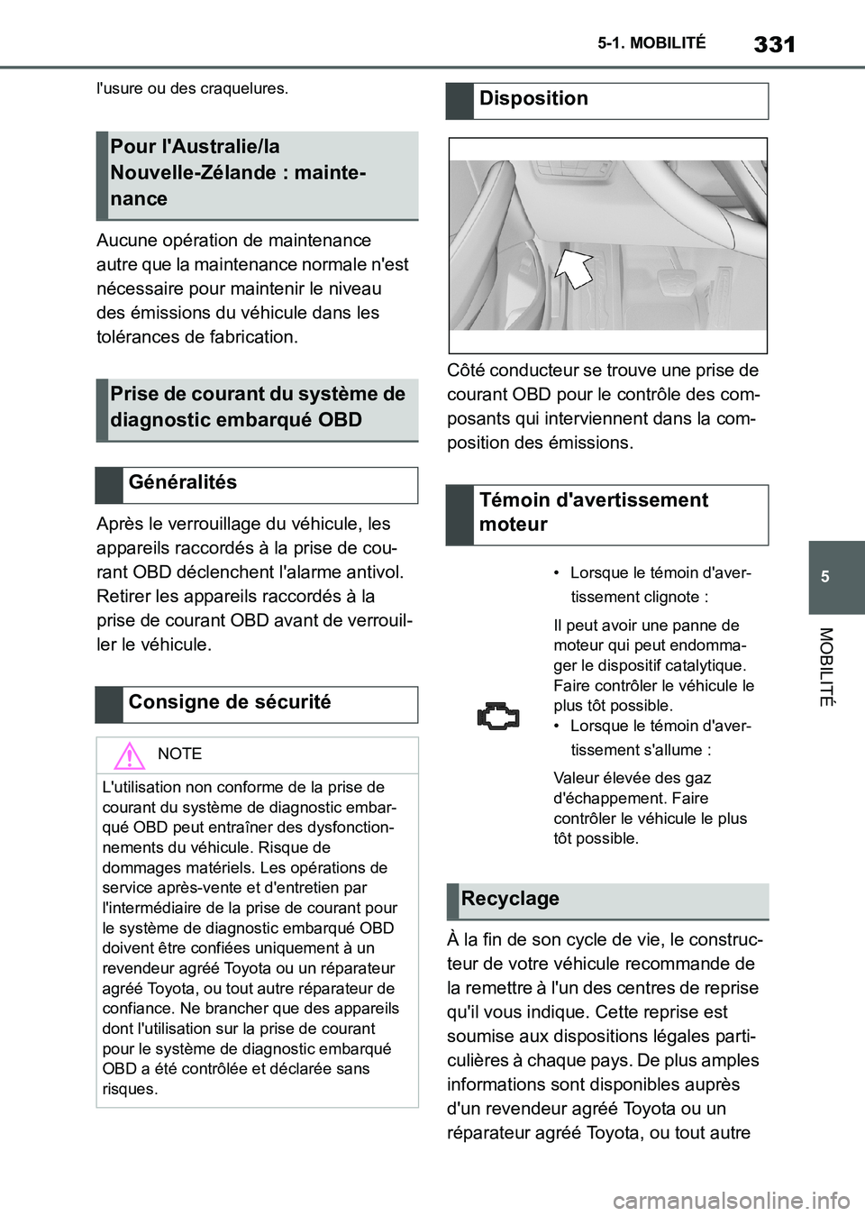 TOYOTA SUPRA 2021 Notices Demploi (in French) 331
5 5-1. MOBILITÉ
MOBILITÉ
Supra Owners Manual_K (from Nov. 20 Prod.)
lusure ou des craquelures.
Aucune opération de maintenance
autre que la maintenance normale nest
nécessaire pour maint TOYOTA SUPRA 2021 Notices Demploi (in French) 331
5 5-1. MOBILITÉ
MOBILITÉ
Supra Owners Manual_K (from Nov. 20 Prod.)
lusure ou des craquelures.
Aucune opération de maintenance
autre que la maintenance normale nest
nécessaire pour maint